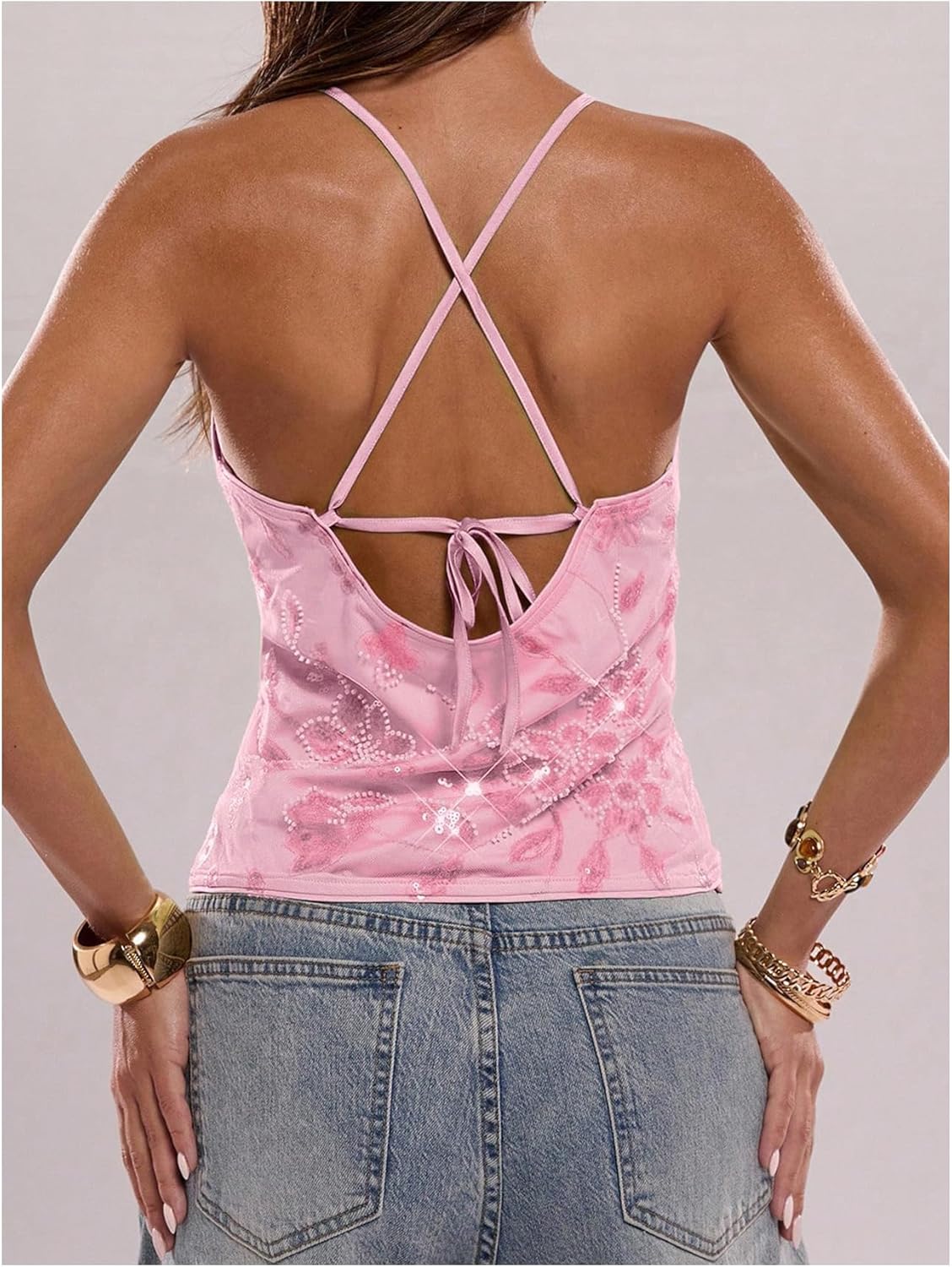 SOLY HUX Women's Y2k Sequin Cami Top V Neck Spaghetti Strap Criss Cross Backless Going Out Tops Party Clubwear - Image 2