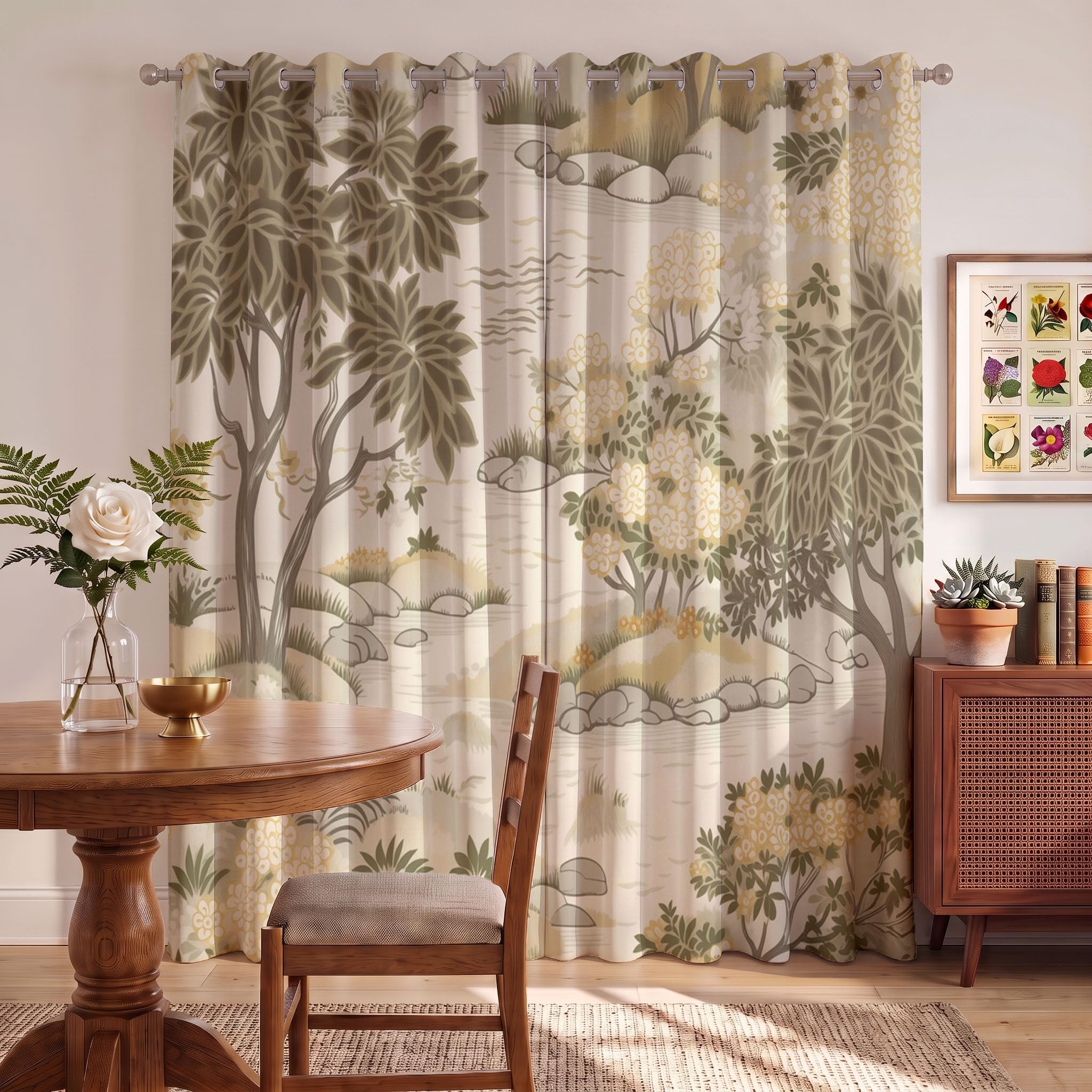 Rideau Occultants Paysage De Jardin Japonais Beige 140X160 Cm (Lxh) | Rideau Opaque Thermiques Plantes Élégantes Rivières Pour Chambre D'Enfant, Lot De 2 Draperies Intérieurs À Oeillets