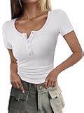 Womens 2025 Summer Short Sleeve Tops Ribbed Knit Henley Button Up Slim Fit Basic Casual T Shirts Blouse Fall Outfits