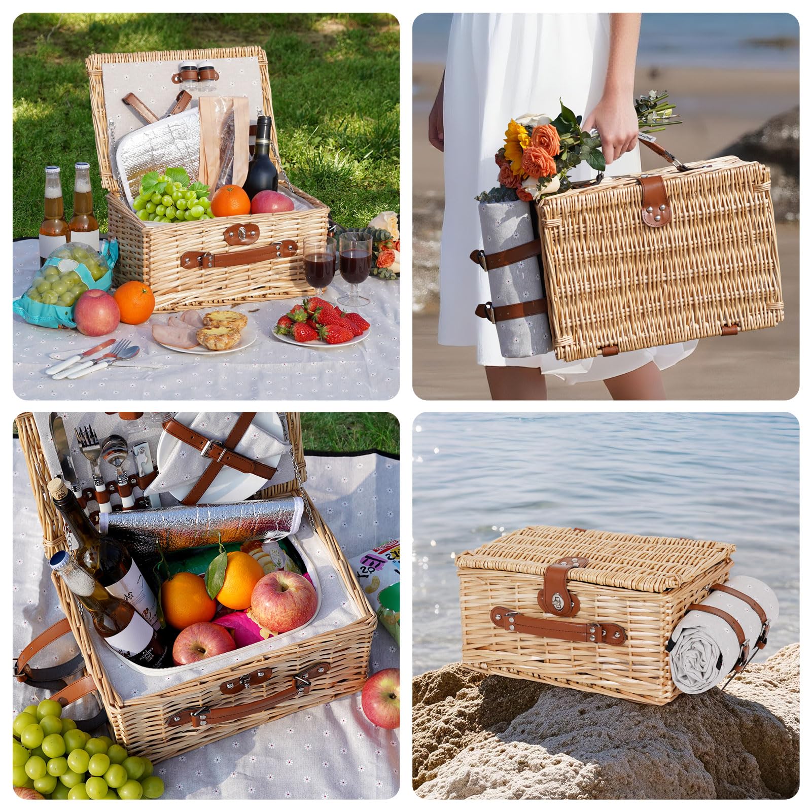 Cesta de picnic para 2 personas – Cesta de mimbre vintage aislada con alfombrilla impermeable y juego de cubiertos para parejas, camping, cumpleaños o San Valentín (flores blancas)