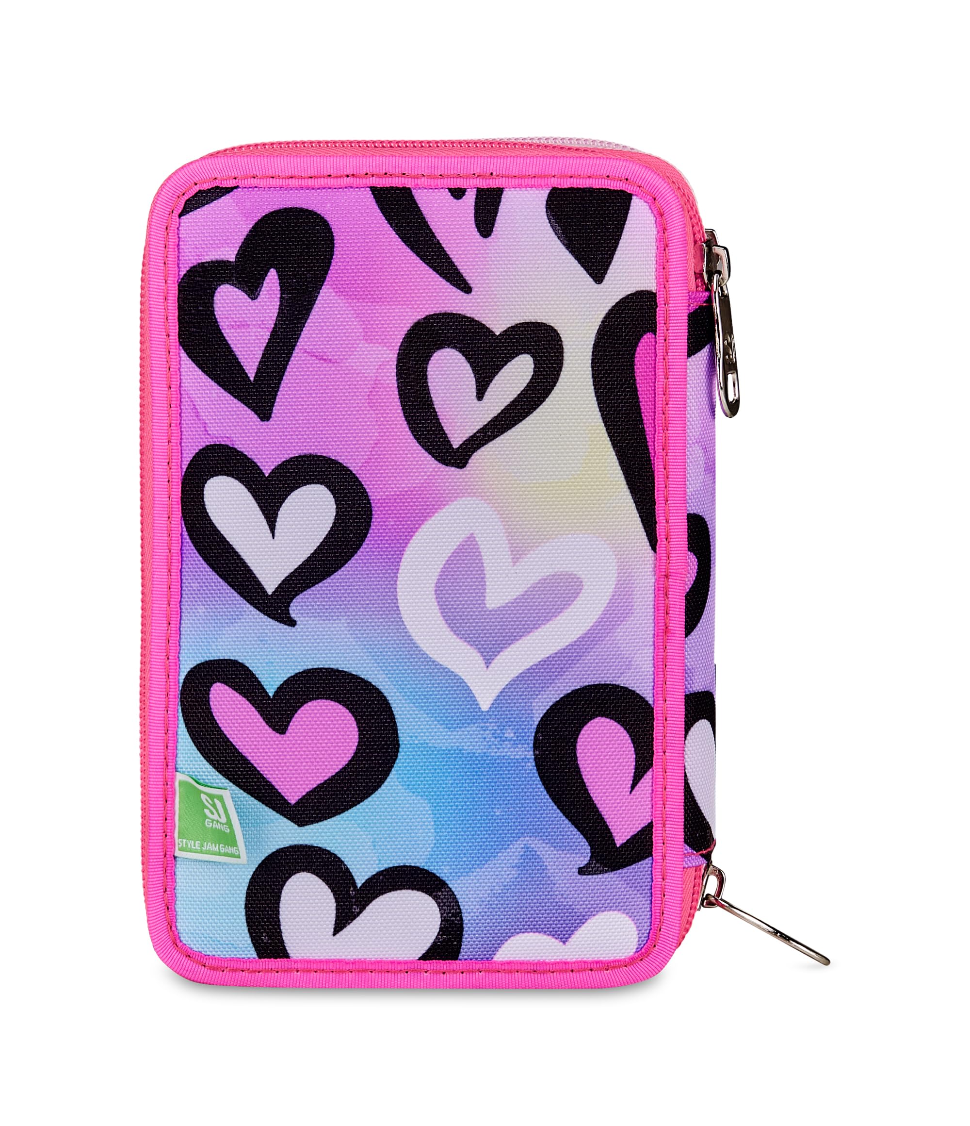SJ GANG STYLE JAM GANG Astuccio Scuola 3 Zip, Rosa, Portapenne Triplo Scomparto Completo Di Penne, Matite, Colori, Accessori Zaino, Scuole Elementari, Bambina