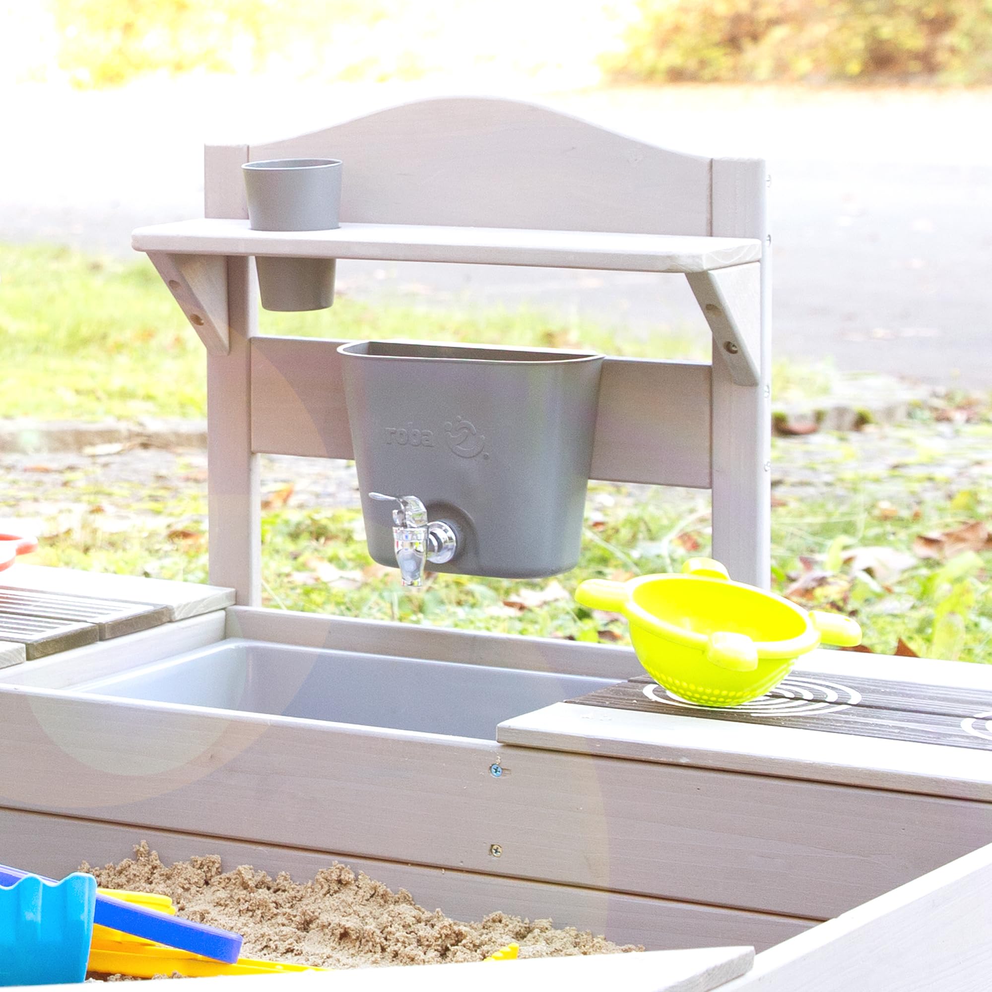 roba Sabbiera per Bambini - Certificata FSC con Cucina da Esterno - Resistente alle Intemperie - dai 12 Mesi - per Giardino, Terrazza, Balcone - Legno Massiccio - Grigio Smaltato