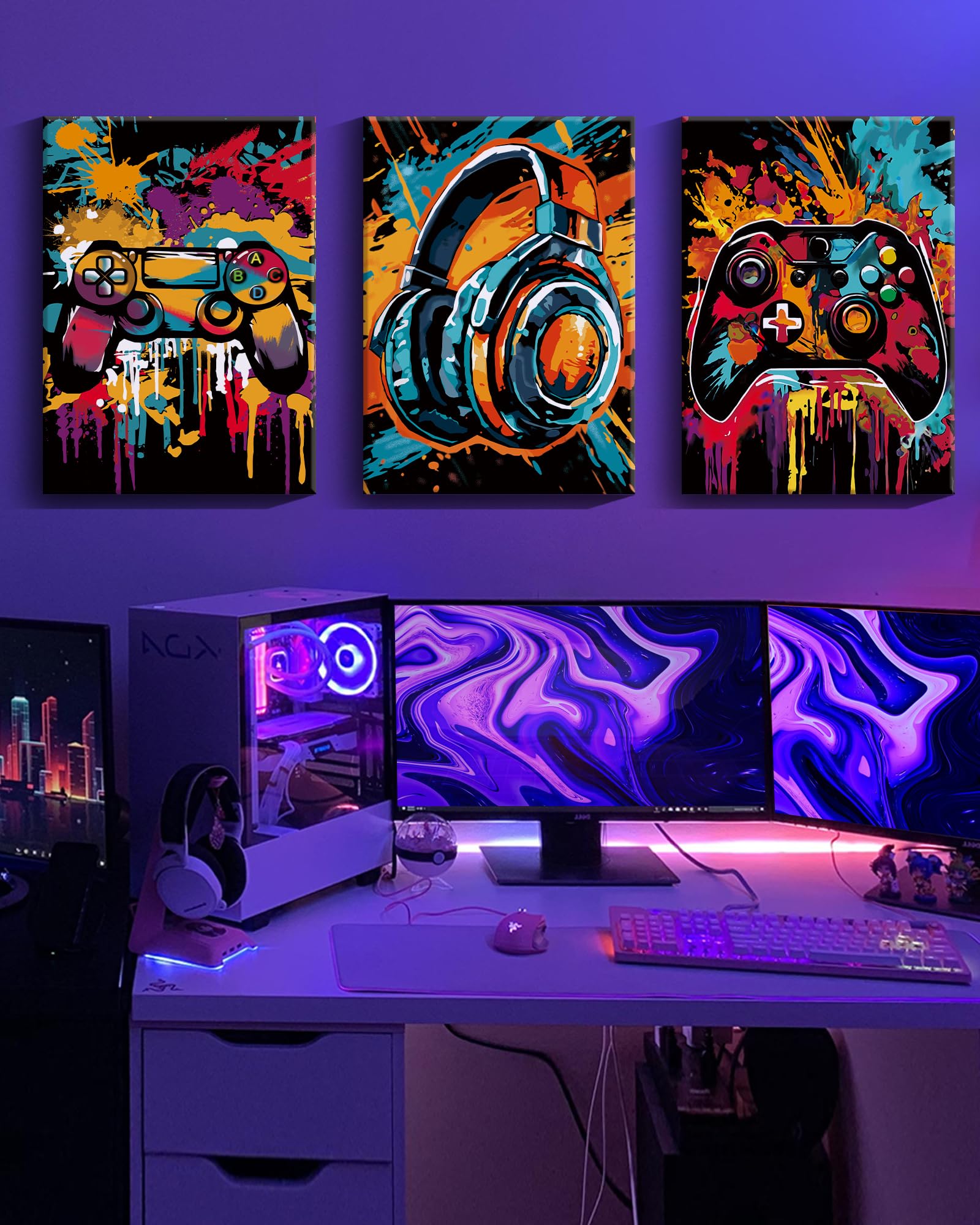 3 piezas de arte de pared para videojuegos, retro, videojuegos, acuarela, graffiti, imágenes de neón, videojuegos, decoración de habitación para adolescentes y niños, decoración de habitación, 20 x 30