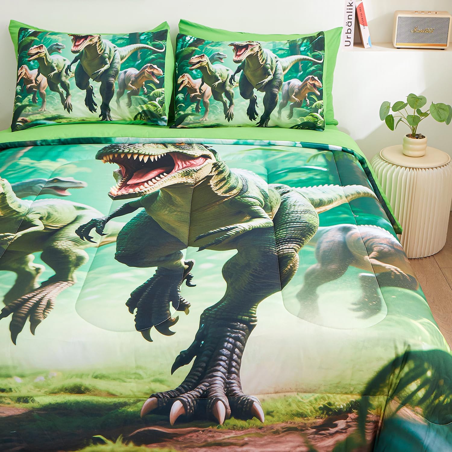 Kid Twin Comforter Set 5 Piece Dinosaur Bedding Set for Boys, Ultra Soft and Fluffy, Tyrannosaurus Rex Bed & Jungle in a Bag with Comforter Sheets Pillowcase & Sham