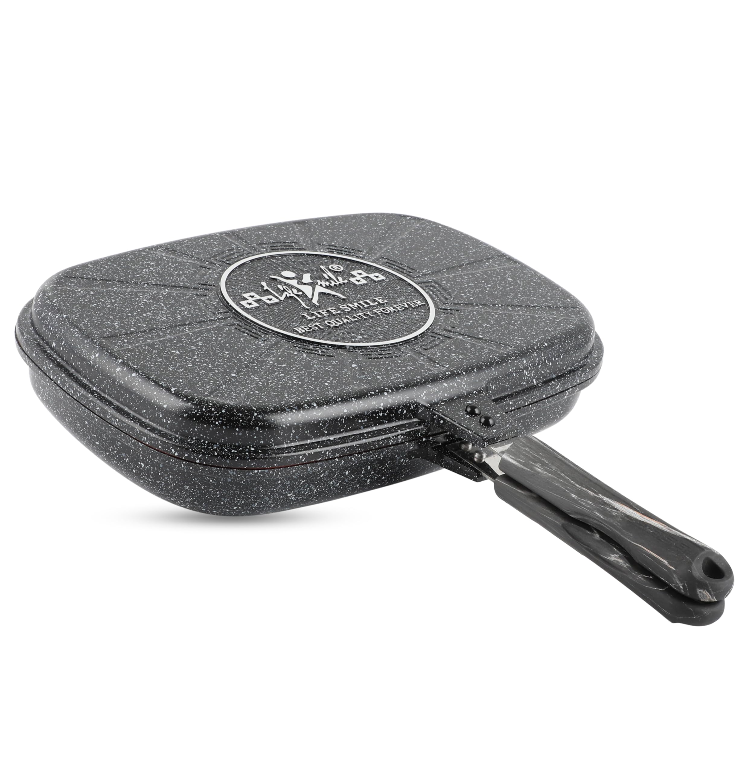 LIFE SMILE 36 CM Smart Double Grill Pan - Multi Layer Granite Non-Stick Coating With Magnetic Handle - Flipping Grill Frying Pan | Multiple Hob Compatibility (Black)