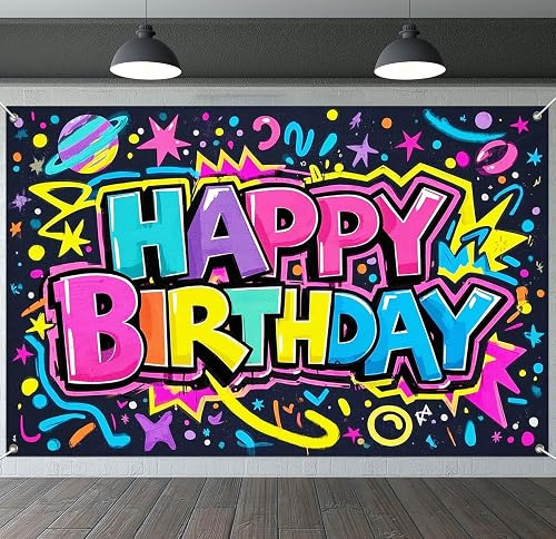IVN Birthday Banner 71x43 Inch Graffiti Neon Colorful Lettering Starburst