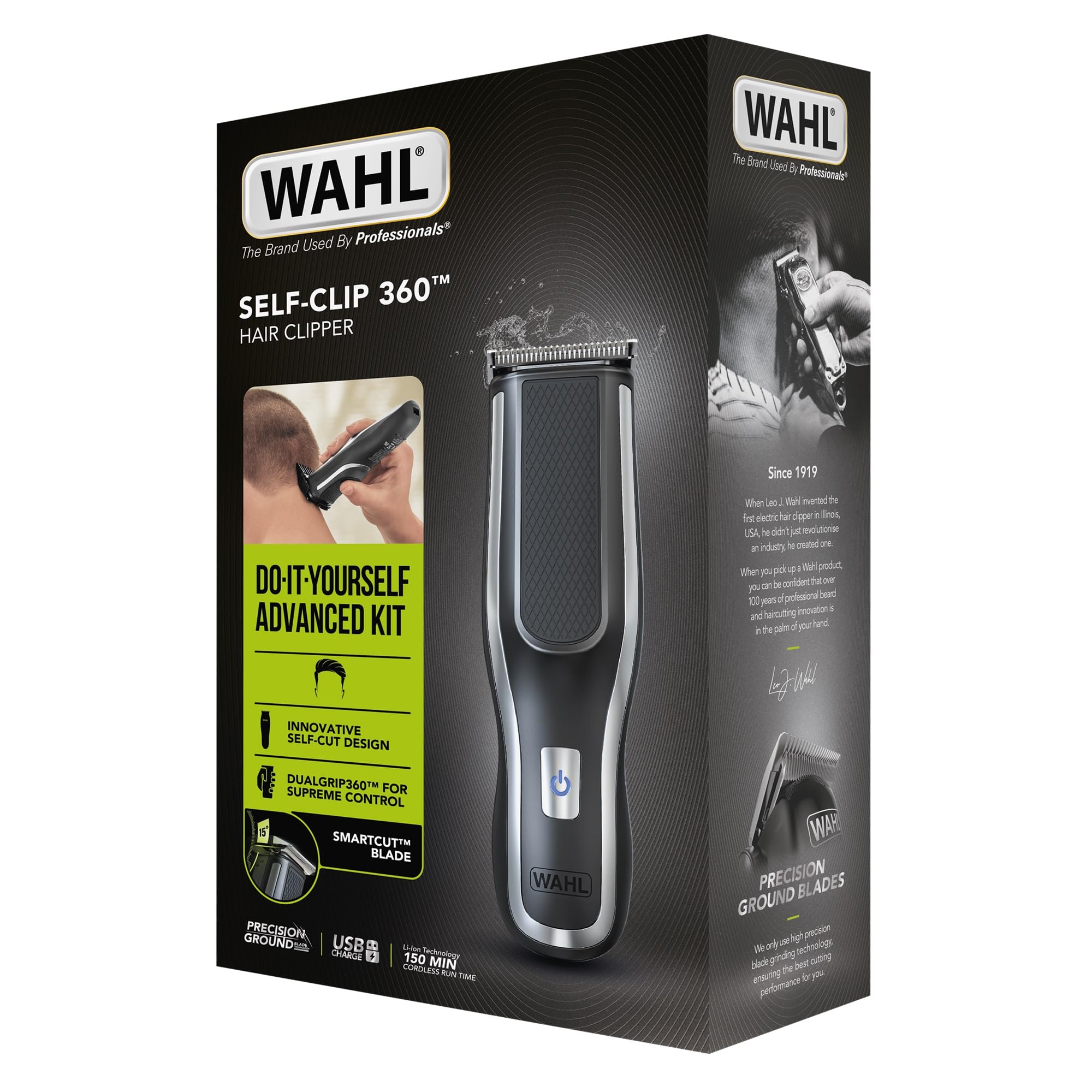 WAHL Self Clip 360 - Kit tagliacapelli senza fili, 10 pettini, ricarica USB, batteria a lunga durata, per uso domestico, set di taglio lavabile, buona presa, molto leggero