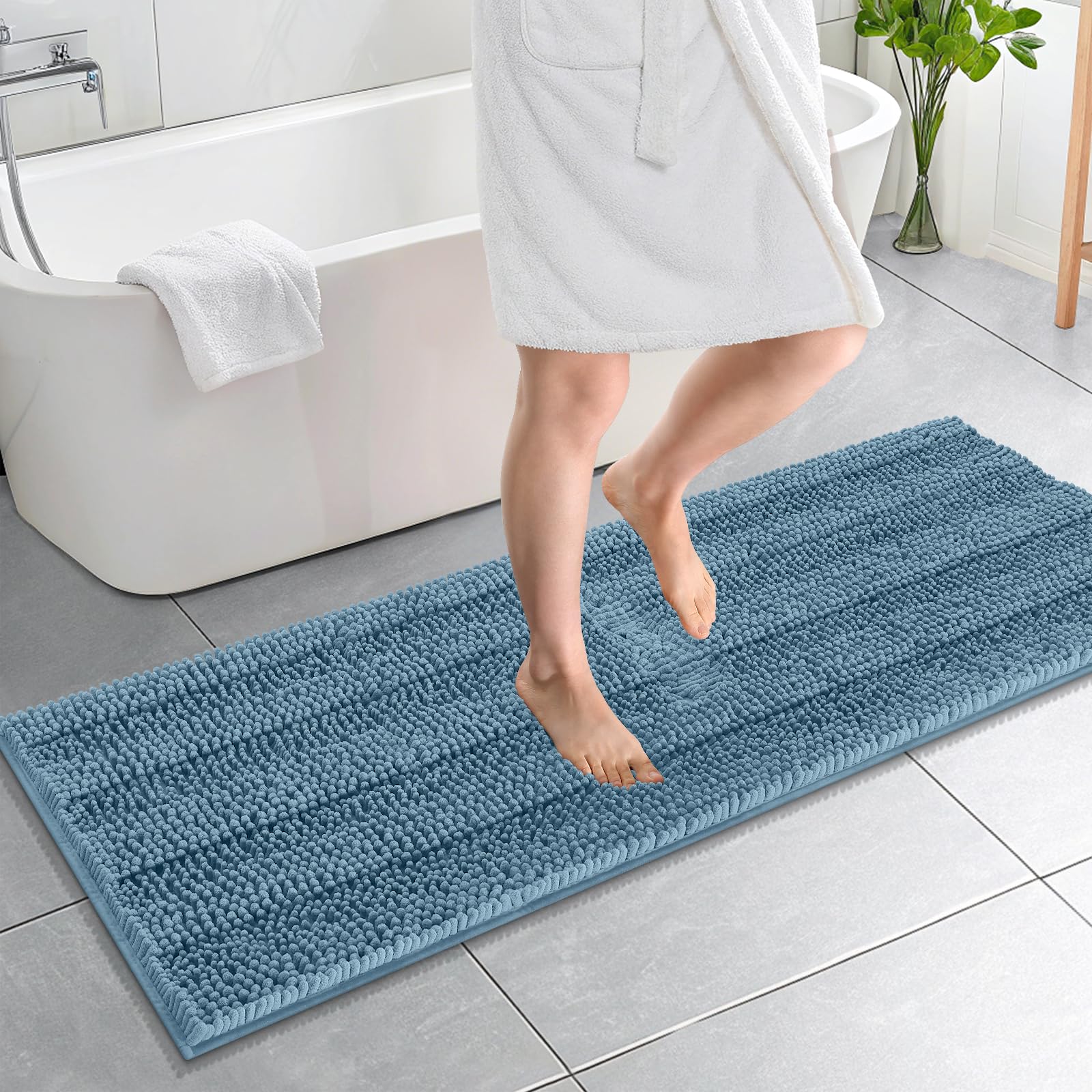 OLANLY Thick Bathroom Runner Rugs 59x20, Soft Chenille Bath Rugs, Airy Blue