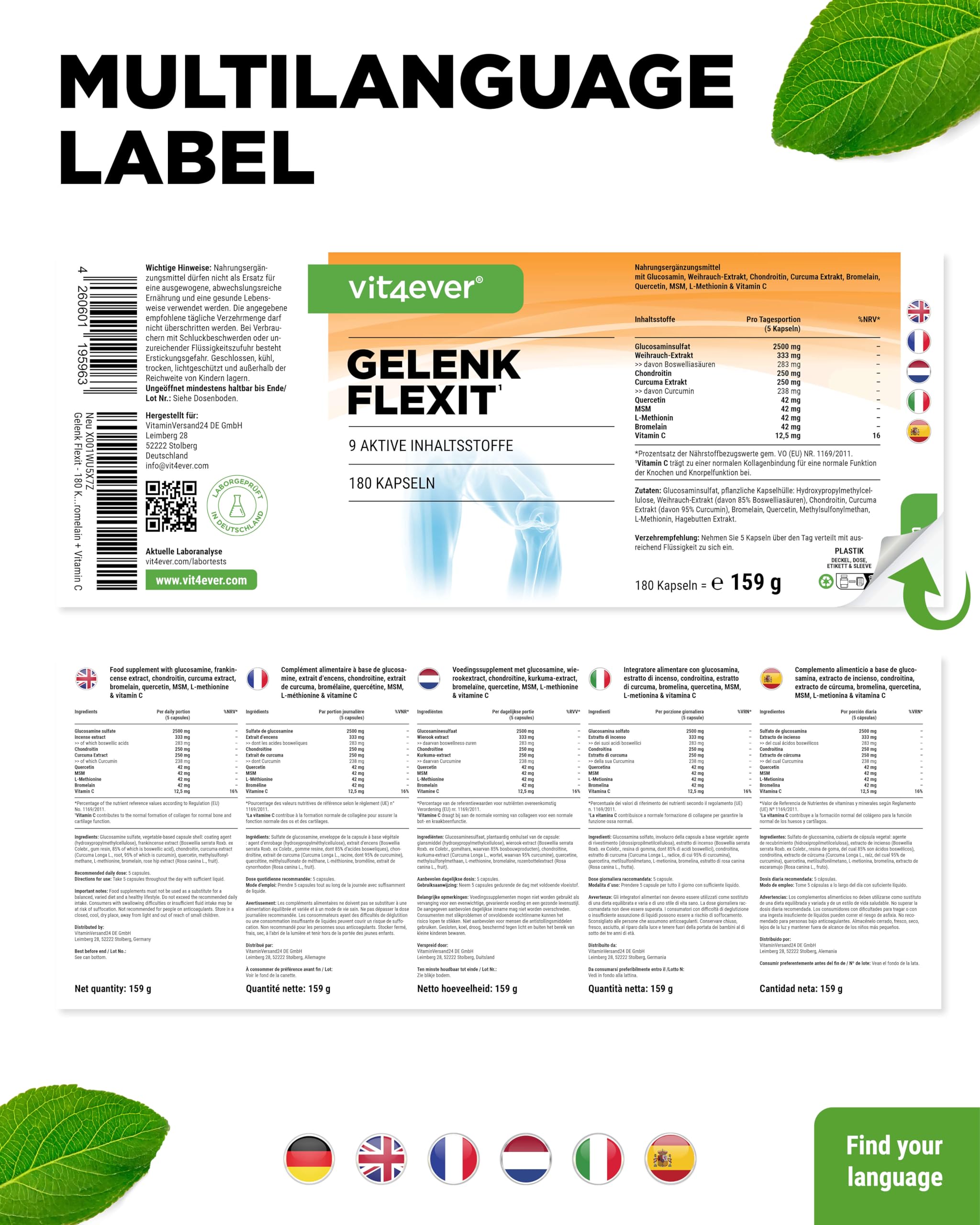 Joint Flexit - 180 Capsule - Con Glucosamina + MSM + Estratto di incenso + Condroitina + Curcuma + Quercetina + L-Metionina + Bromelina + Vitamina C
