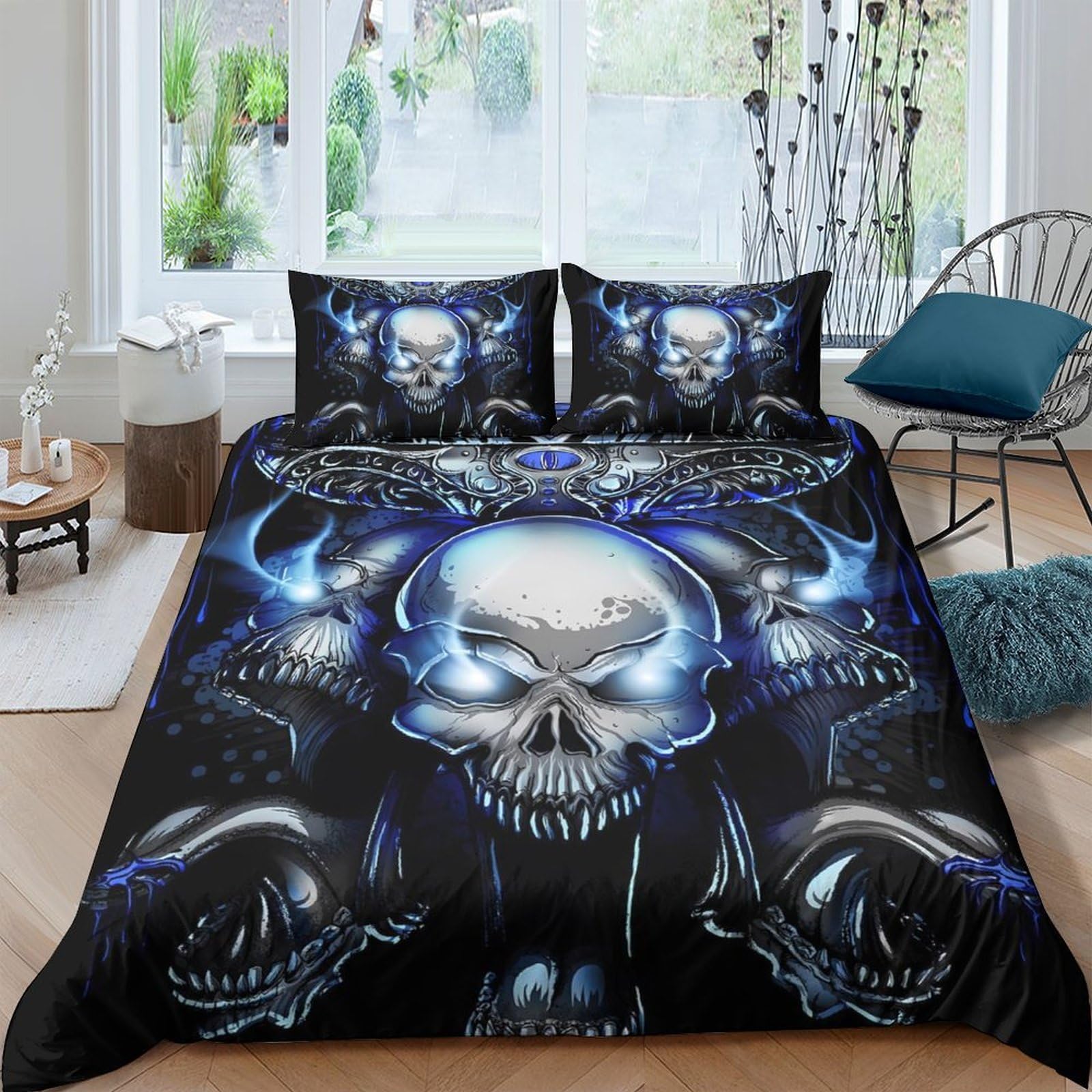 GPLZQXKJNH 3D Printed Skull Blue Flame Duvet Cover Microfiber Soft Breathable Gothic Bedding Set with 2 Pillowcases for Bedroom Decor Single（135x200cm）