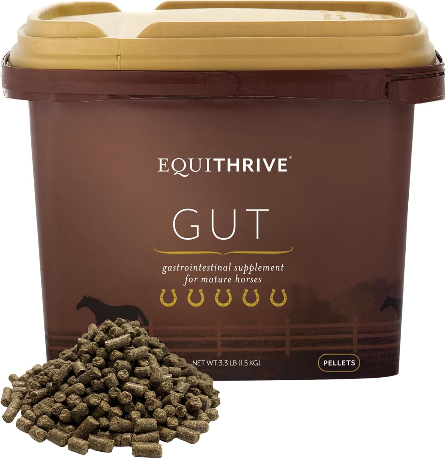 Equithrive Horse Gut Pellets with Probiotics, Psyllium Husk Powder, Sodium Bicarbonate and Omega 3 Fatty Acids, Digestive Support Supplement, 3.3 lbs