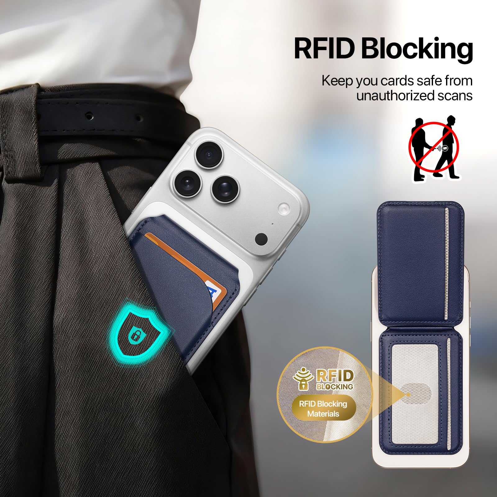 DUX DUCIS Porte-Cartes Magnétique MagSafe avec Blocage RFID, Portefeuille pour 4 Cartes, en Cuir PU, Wallet pour iPhone 17/16/15/14/13/12, Bleu