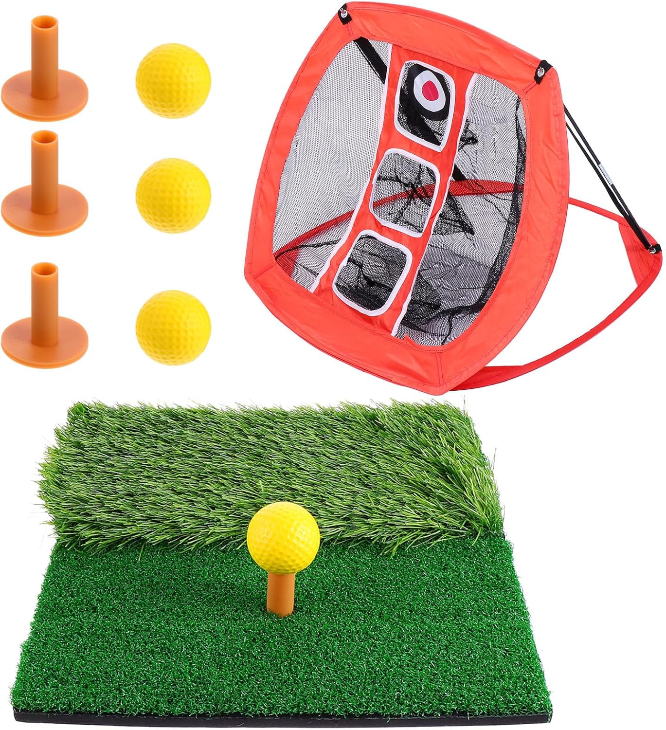 Golf Practice Net and Hitting Mat Set, Portable Nylon Training Net with 30x30cm Mini Swing Pad, 3 Rubber Tees, 6 Yellow Pu Balls for Indoor and Outdoor Golf Training