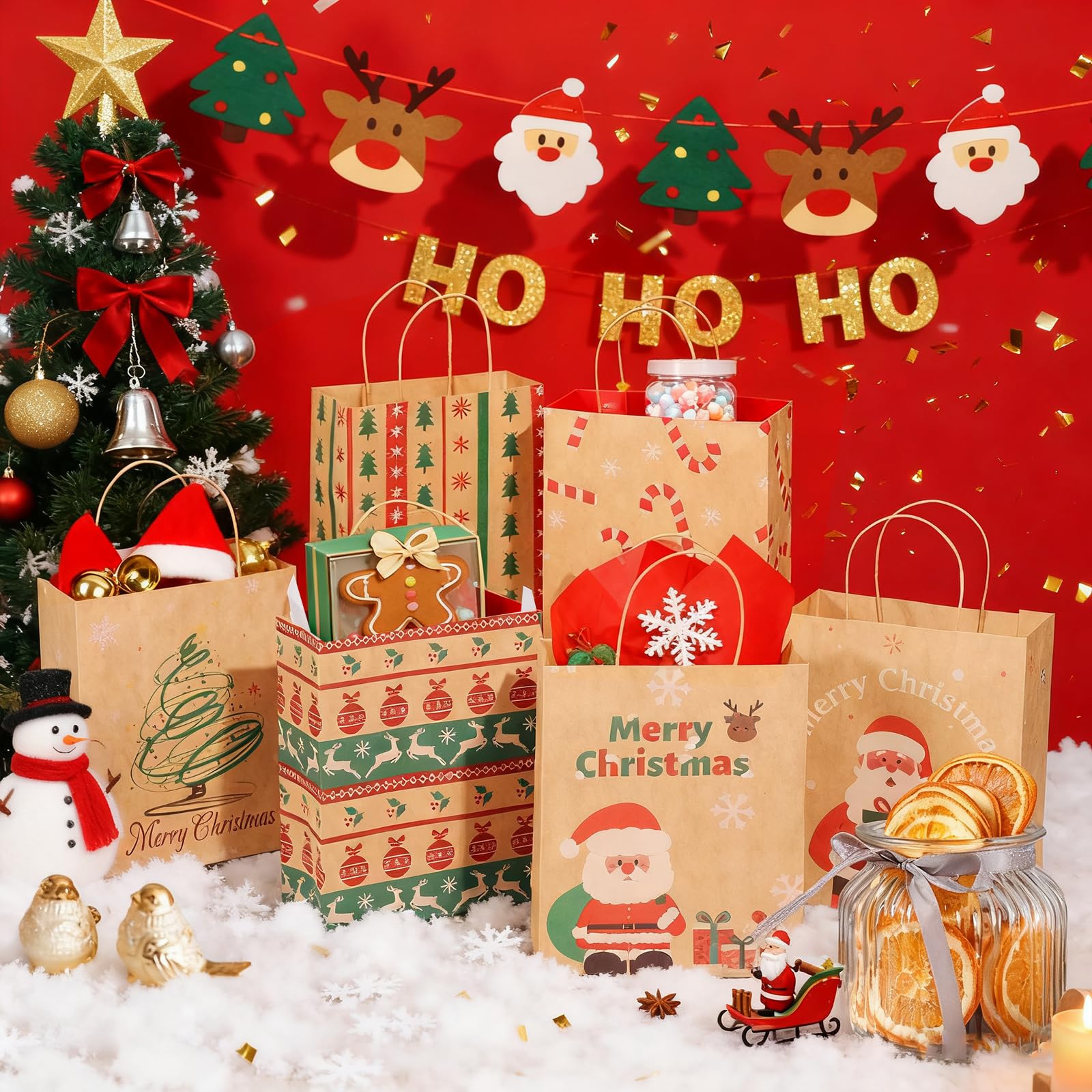 SUNEE Christmas Gift Bags, 24 Pack Christmas Bags for Gifts with Handles, 6 Assorted Kraft Paper Gift Bags Bulk with Xmas Tree, Santa Claus, Candy Designs, 7.28*3.15*8.7 Goodie Bags for Kids, Small Size