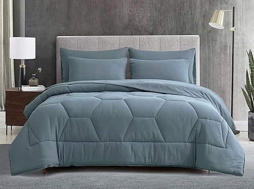 Miniatura 7 de Chezmoi Collection Piper - Juego de cama matrimonial en una bolsa, 7 piezas, acolchado hexagonal de panal de abeja, suave lavado, microfibra de