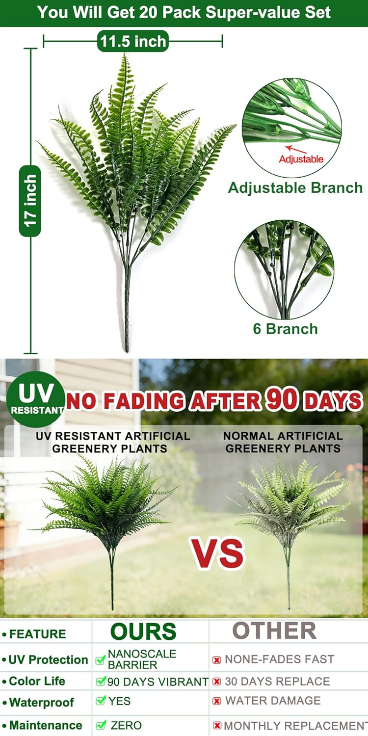 TURNMEON 20 Bundles Artificial Plants Outdoor Faux Boston Fern Spring Decor, Fake Plants UV Resistant Plastic Greenery Shrubs Artificial Fake Flowers for Outside Gardens Patio Yards Home Summer Decor Green 20 Pack