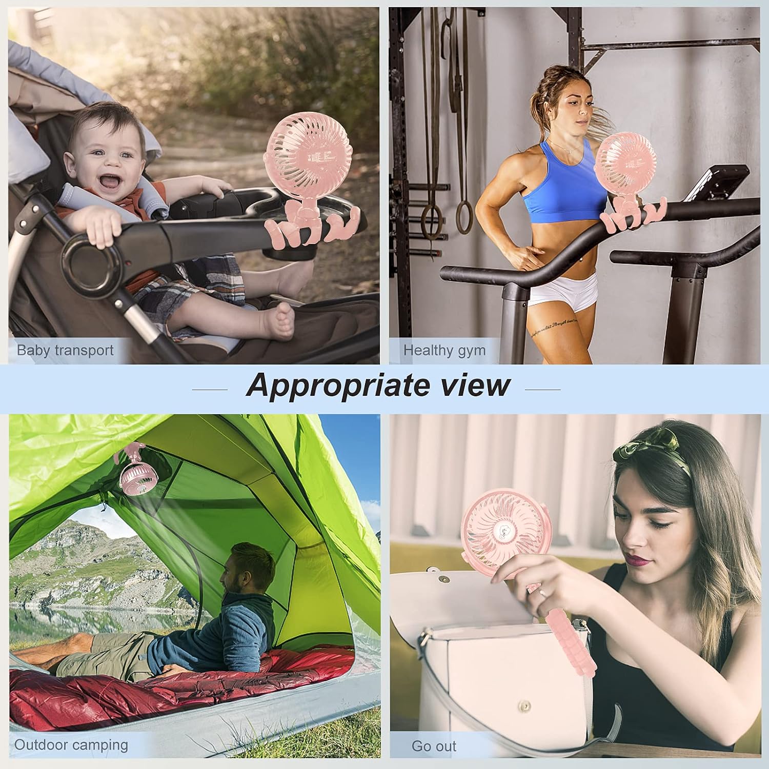 WGCC Portable Mini Handheld Stroller Fan, USB Rechargeable Battery Operated Fan with Flexible Tripod, Free Adjustment Personal Cooling Fan Suitable for Traveling, Sports, Office, Car Seat (PINK)