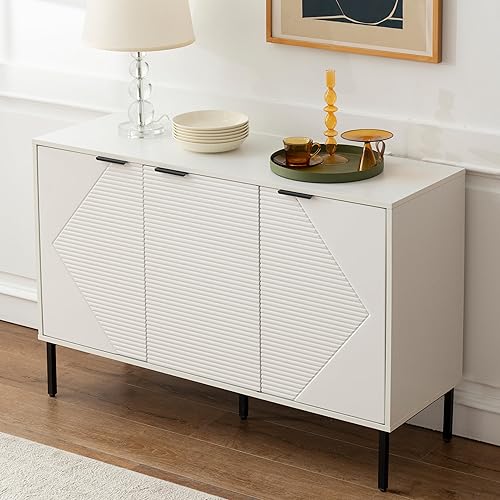 Kitchen Buffet Storage Cabinet Set of 2, Modern 3 Door Coffee Bar with Shelves, Wooden Fluted Entryway Cabinet for Dinning Room, Living Room (2, Embossed White)