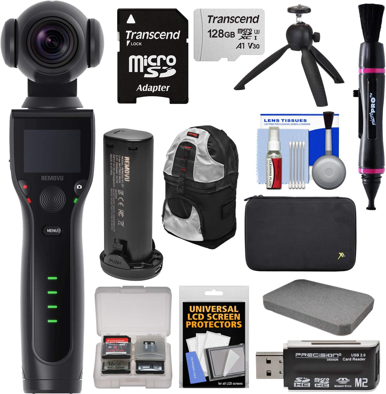 REMOVU K1 4K Video Camera with Integrated 3-Axis Gimbal Stabilizer with Smart Battery + 128GB Card + Backpack + Case + Tripod + Kit