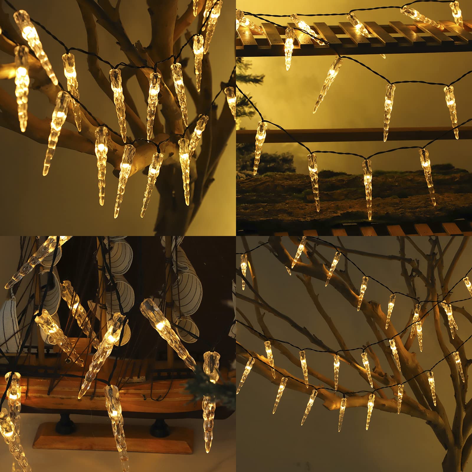 KINGCOO 100LED Solar Eiszapfen Lichter Garten, Wasserdicht 10M/32Ft Eiskegel Tropfen Fenster Dekorative Fee Lichterketten 8Mode für Außen Innen Weihnachten Hochzeit Party Beleuchtung (Warmweiß)