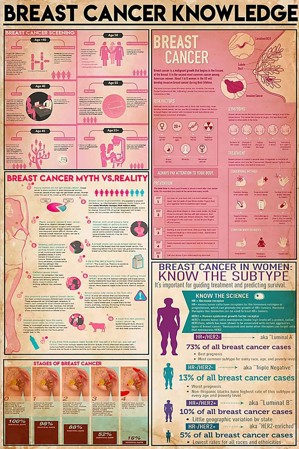 rayprint Breast Cancer Knowledge Metal Signs Vintage Women'sScience Infographic Posters Hospital Wall DecorNurse Room Home Plaque 12x16 Inches
