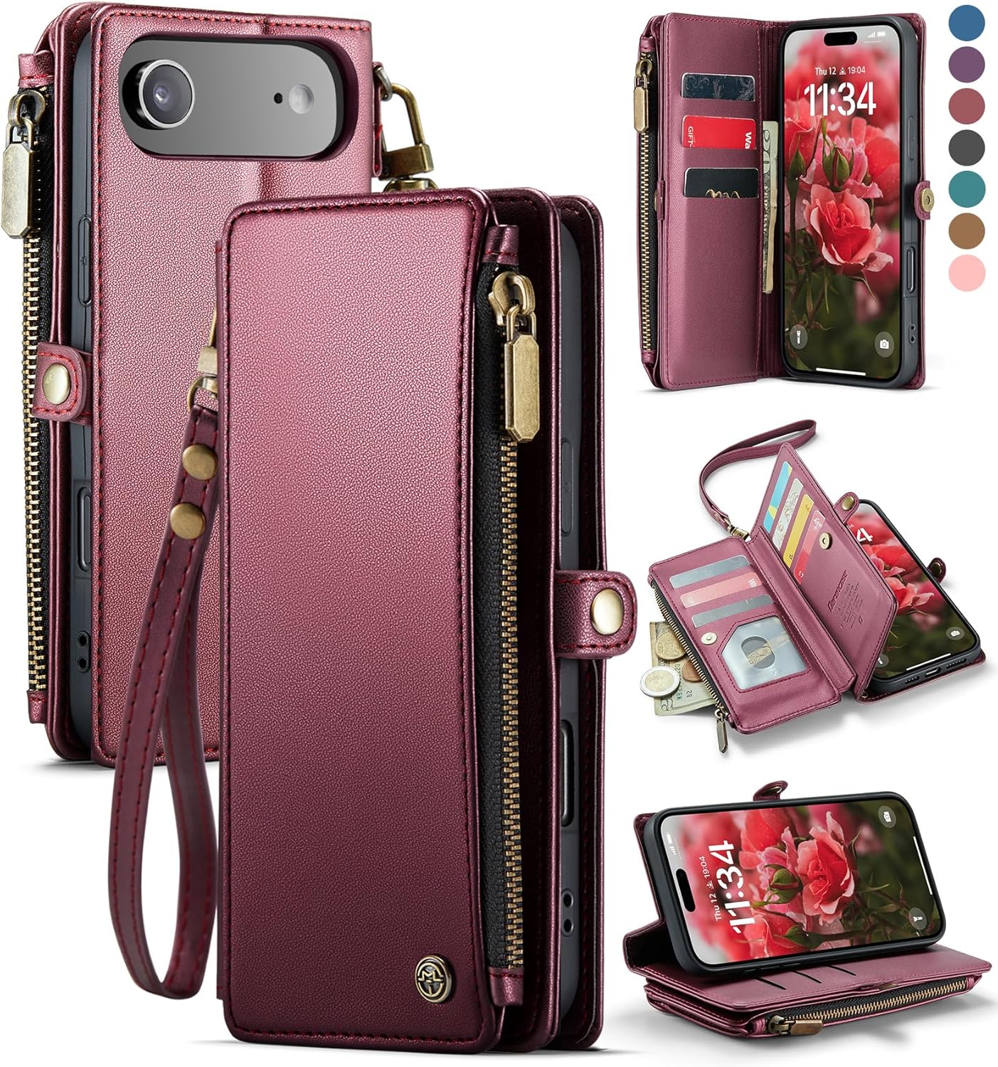 Defencase Compatible with iPhone Air Case Wallet with RFID Blocking Card Holder for Women Men, Fashion PU Leather Magnetic Snap Flip Zipper Strap Wallet Phone Case for iPhone 17 Air 6.5", Wine Red