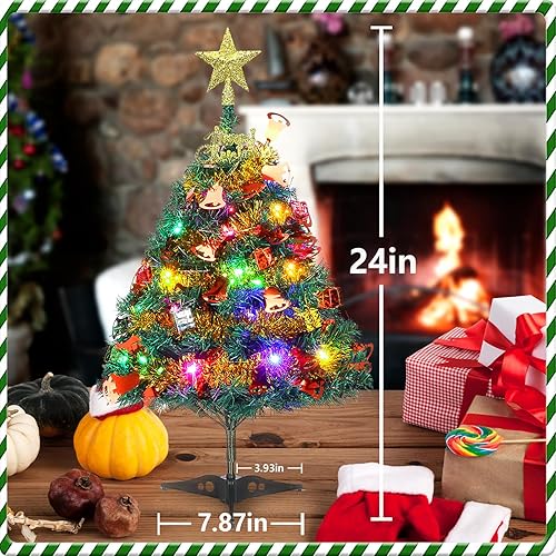 Miniatura 6 de Mini árbol de Navidad, 24 pulgadas/23.6 in, árbol de Navidad artificial de mesa pequeño con adornos para decoración de vacaciones, hogar, oficina