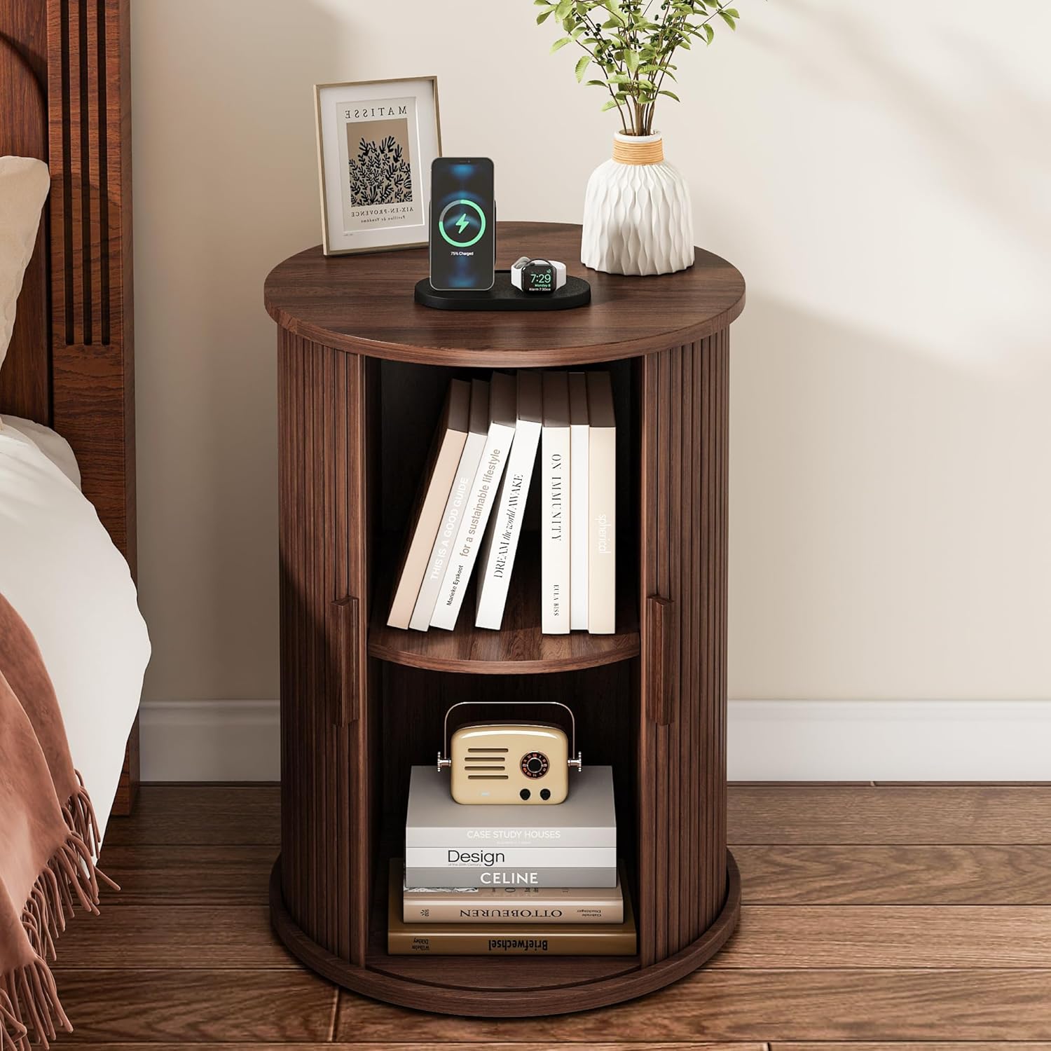 wanan Round Fluted End Table Set of 2, Tall Side Table with Sliding Tambour Door and Adjustable Storage Shelf, Modern Bedside Table, Nightstand for Living Room, Bedroom (Walnut)