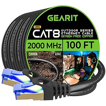 GearIT Cat8 Outdoor Ethernet Cable (100 Feet) Waterproof, Direct Burial, In-Ground, LLDPE UV Jacket, Pure Copper, 26AWG, 40Gbps 2000Mhz SFTP Patch Cord, POE, Network, Internet, Cat 8 Cable - 100ft
