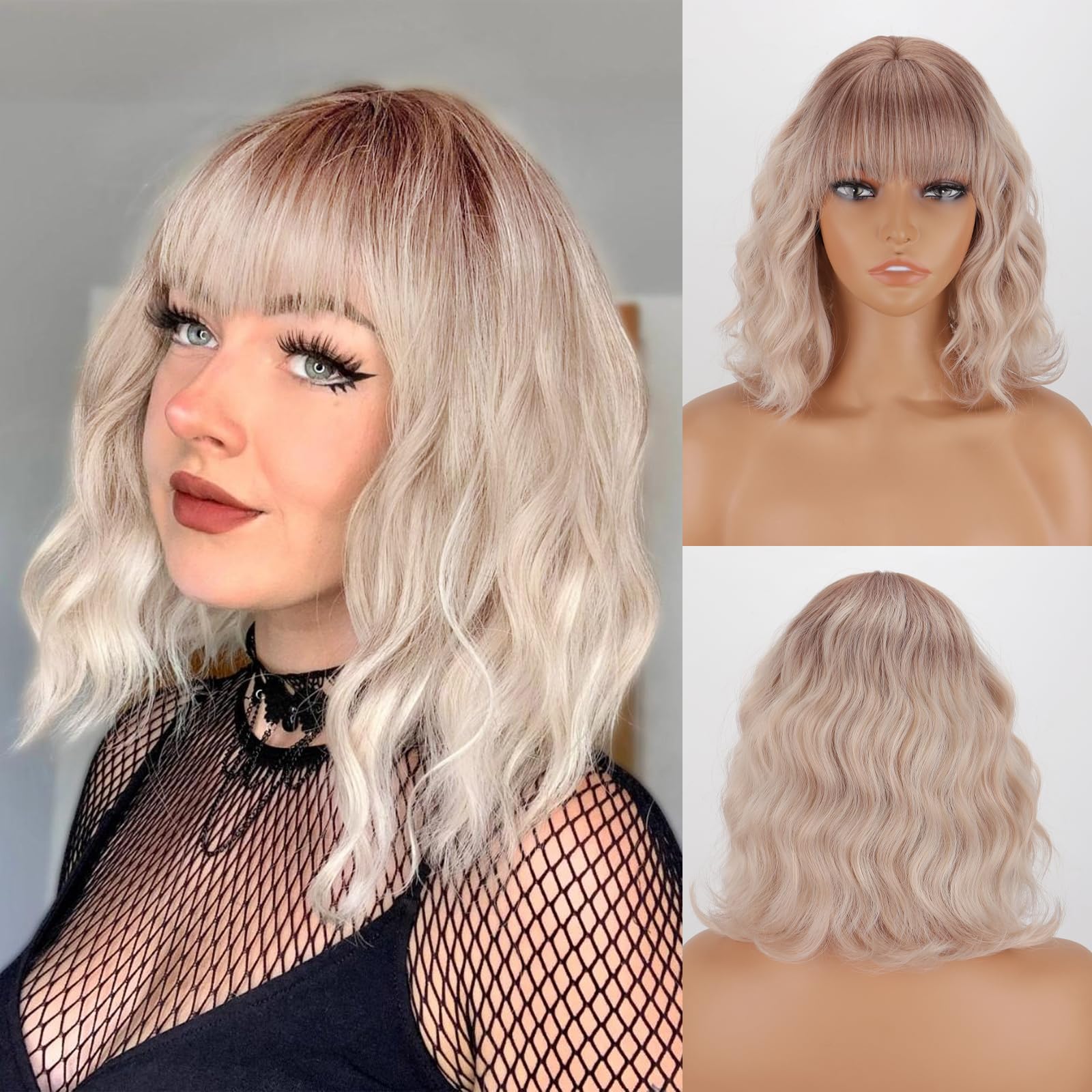 Amazon.com : MISSQUEEN Short Ombre Platinum Blonde Wig with  display picture 3
