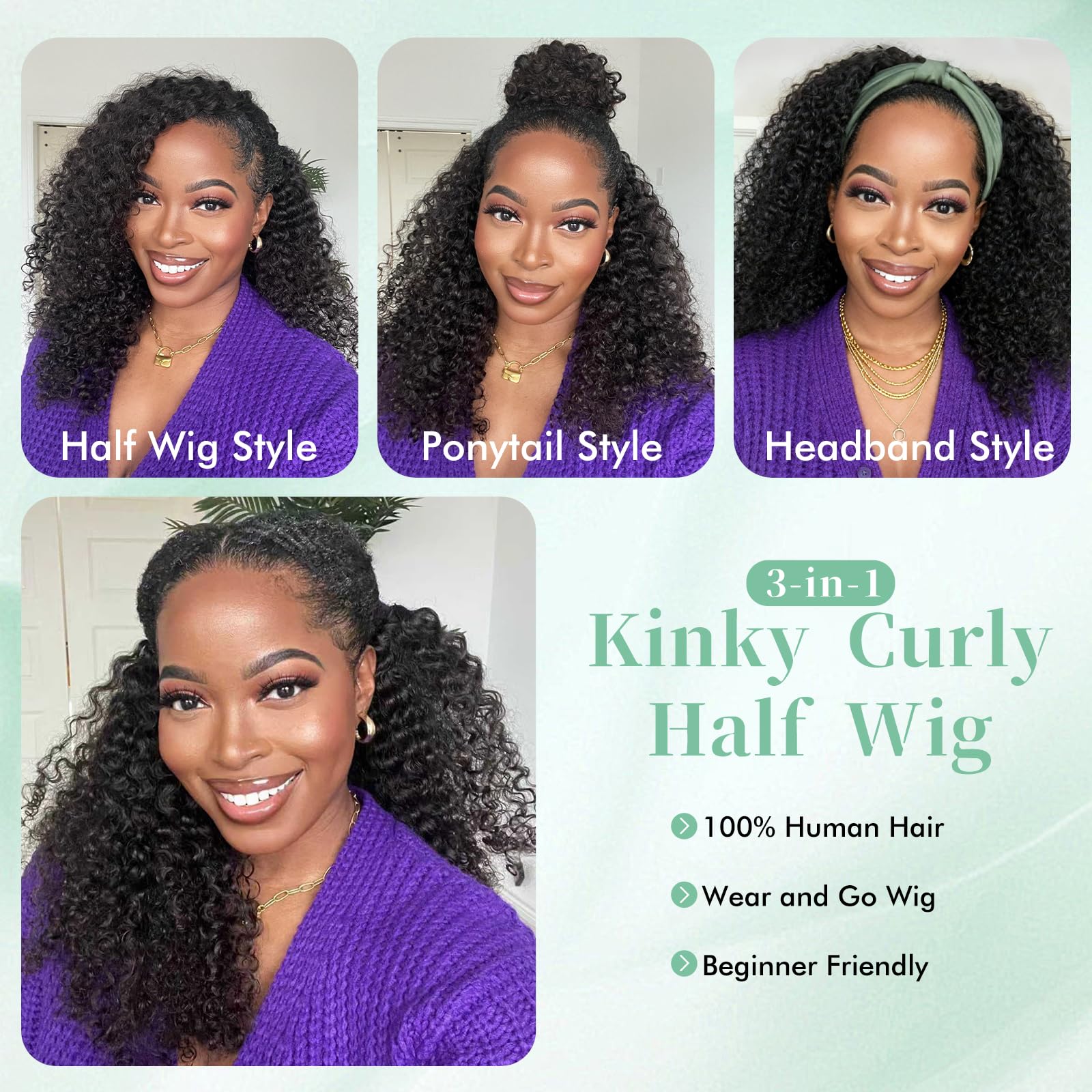 Kinky Curly Half Wig Human Hair 180% Density 3 In 1 Seamless Flip Over Half Wigs Human Hair Glueless Wear and Go Kinky Curly Wig with Drawstring Headband Wigs for Women Invisible Hairline 16 Inch