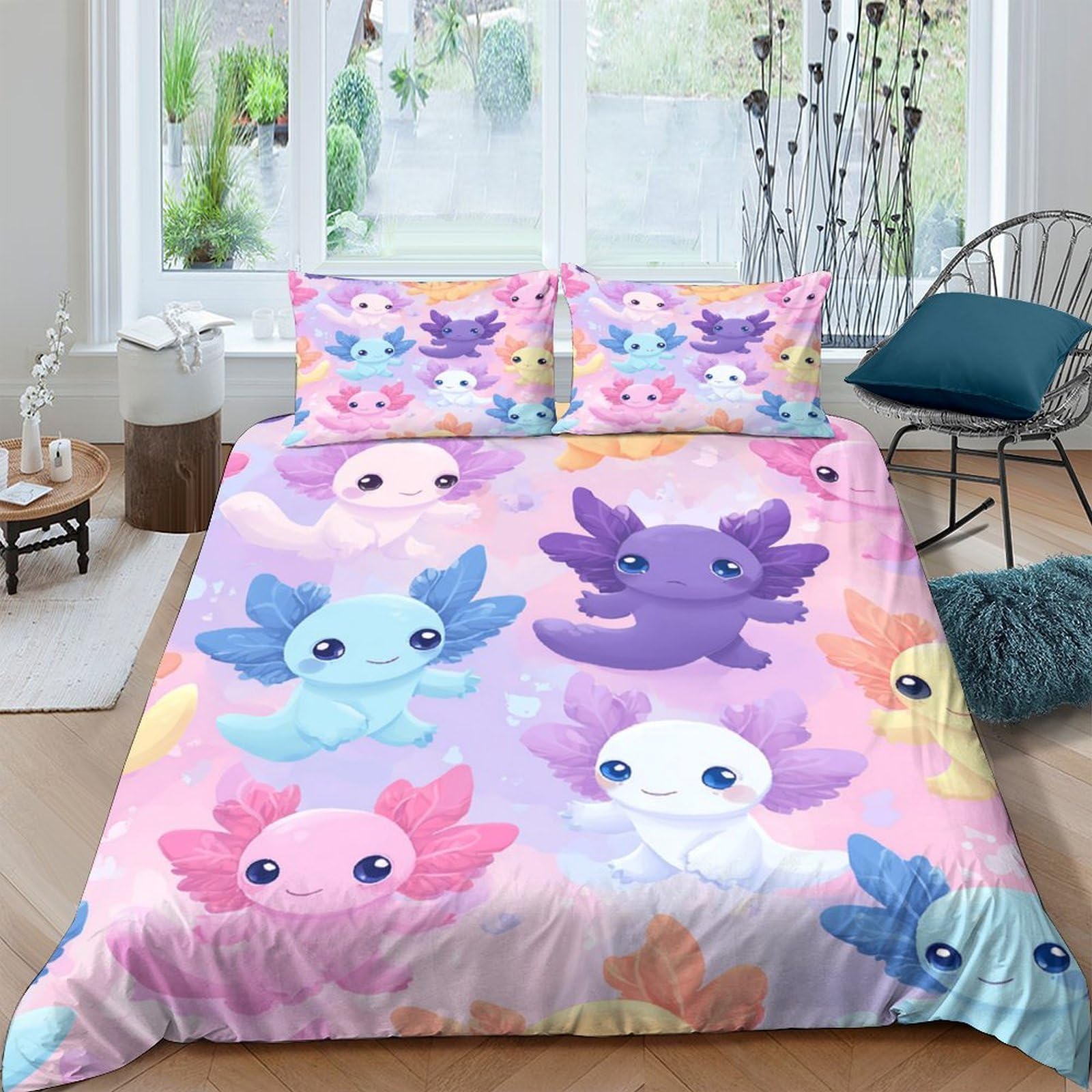 Ctjqhvkz Style-4 3D Printed Cute Axolotl Fitted Sheet Microfiber Soft Bedroom Decor Pastel Cartoon Mattress Cover Washable Single（135X200cm）