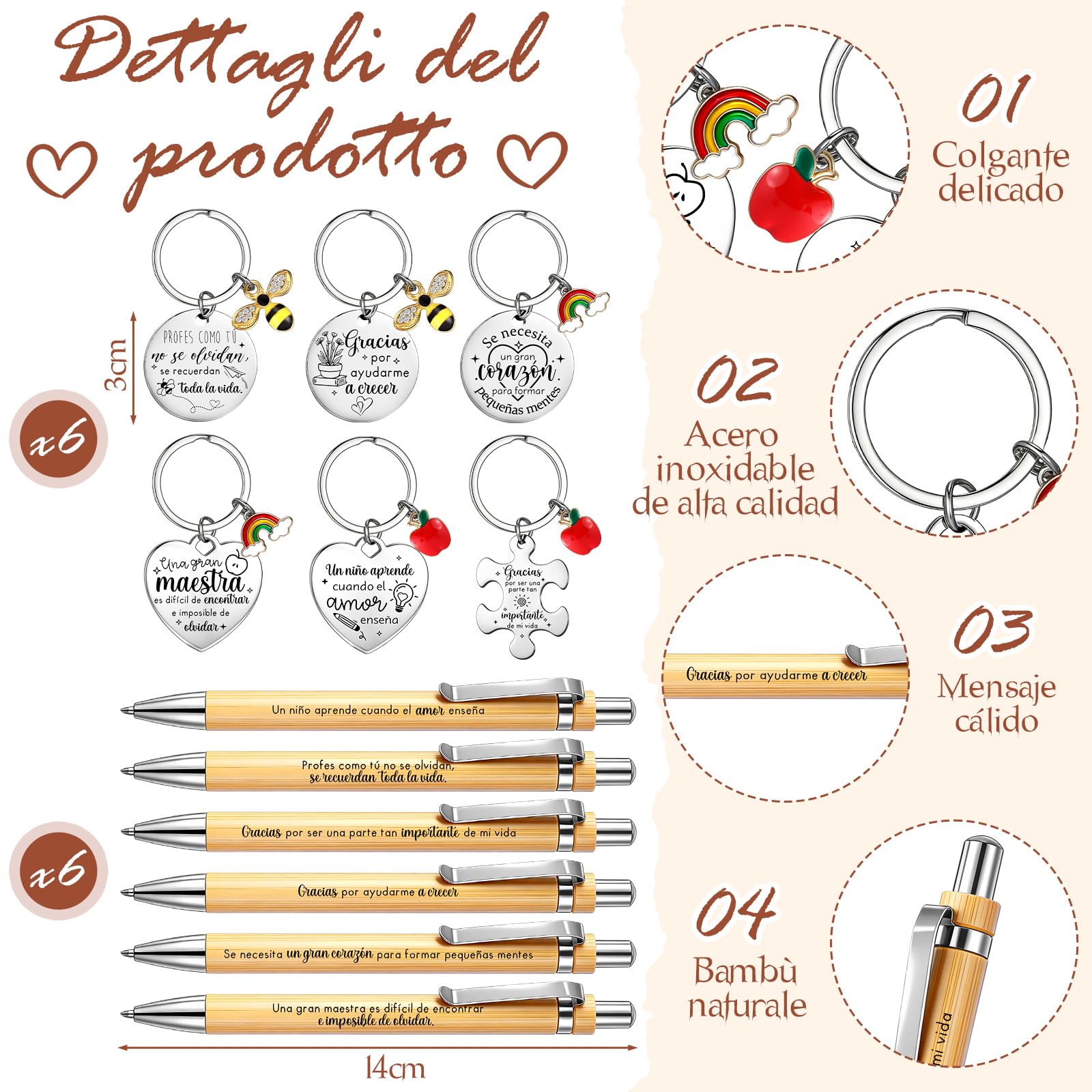 Jetec 6 Sets Regalo Maestro, 6 Llavero de Agradecimiento en Español, 6 Bolígrafos de Madera, 6 Tarjetas con Flores Artificiales, Regalo Agradecimiento Profesora Primaria para Navidad Jubilación