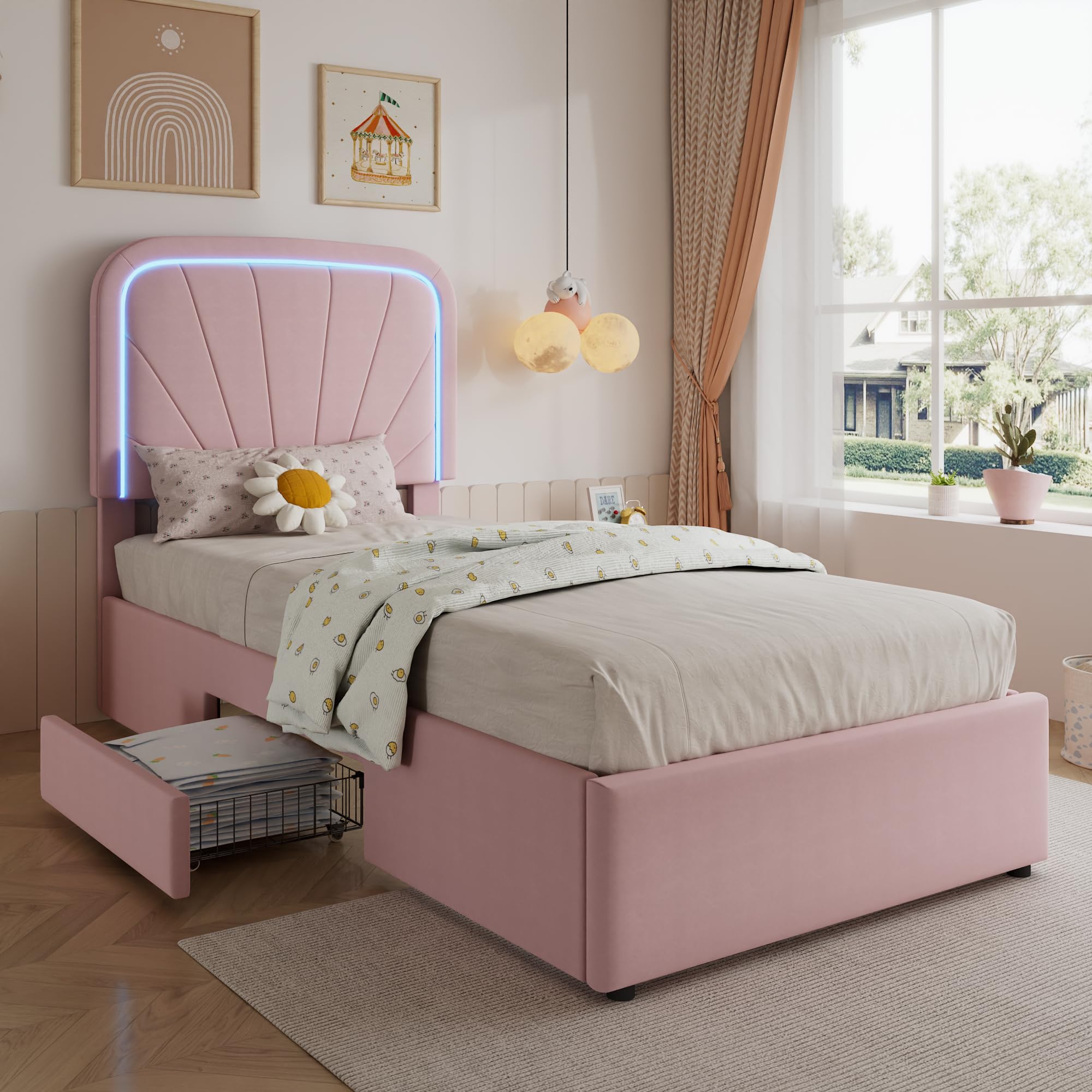 Merax 3ft Kids Bed For Girls, Single Pink Upholstered Bed Frame with Comfortable Velvet Headboard&2 Storage Drawers&Padded Anti-Collision Edges, Sturdy Plywood Slats, 90 x 190 cm