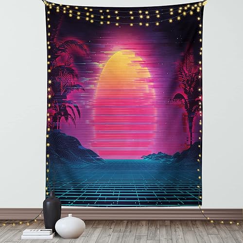 Miniatura 1 de Ambesonne Synthwave Tapestry, Retro Futurism Inspired Illustration Artwork with Sun and Palms, Wall Hanging for Bedroom Living Room Dorm Decor, 40"