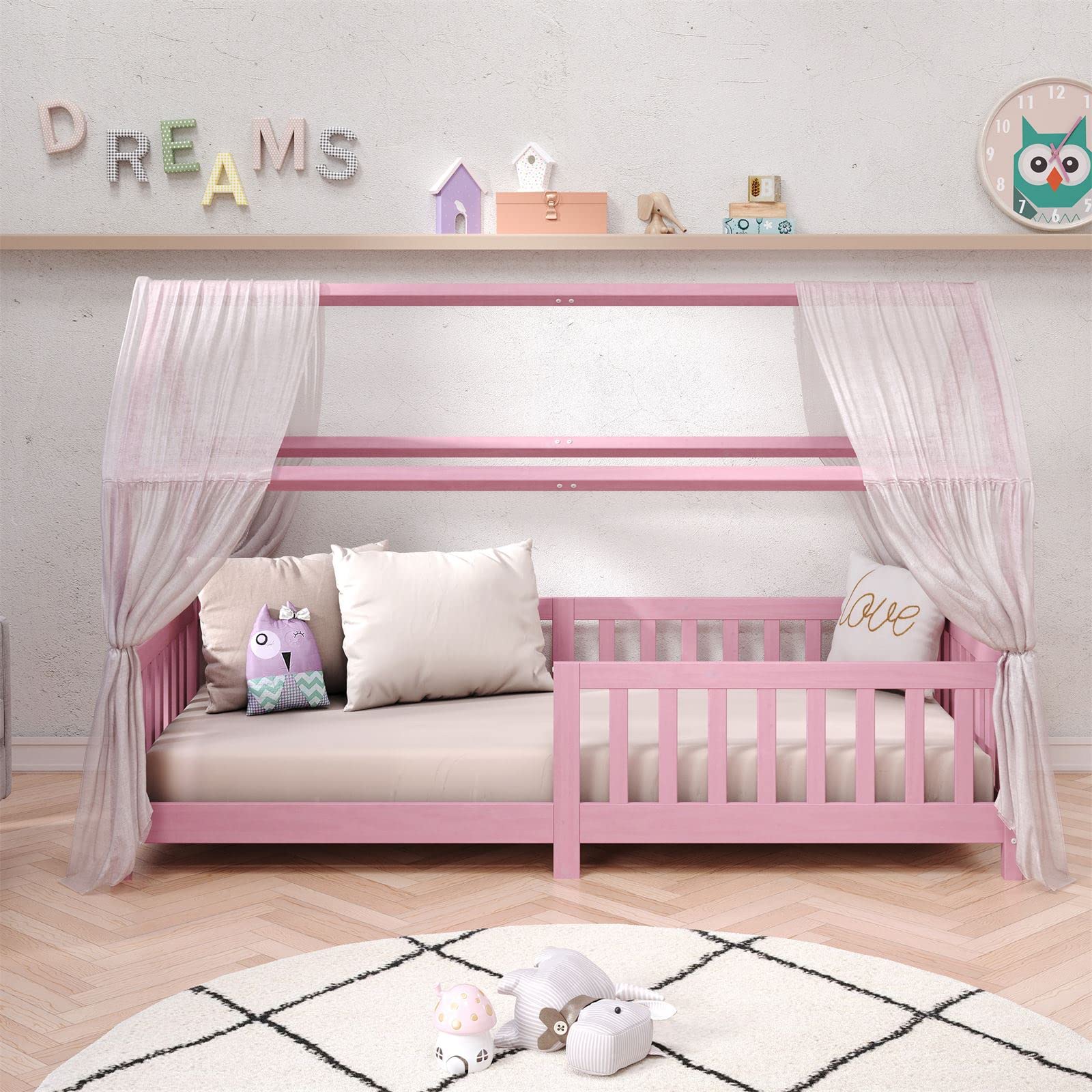 IDIMEX Lit Cabane Nina Enfant Simple Montessori Bois Pin Massif Lasuré Rose 90x200 cm