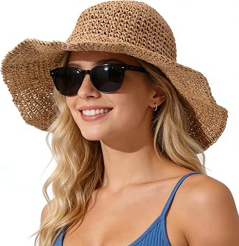 Womens Beach Straw Hats Floppy Wide Brim Crotchet Sun Hat Foldable Packable Summer Outdoor Vacation Travel