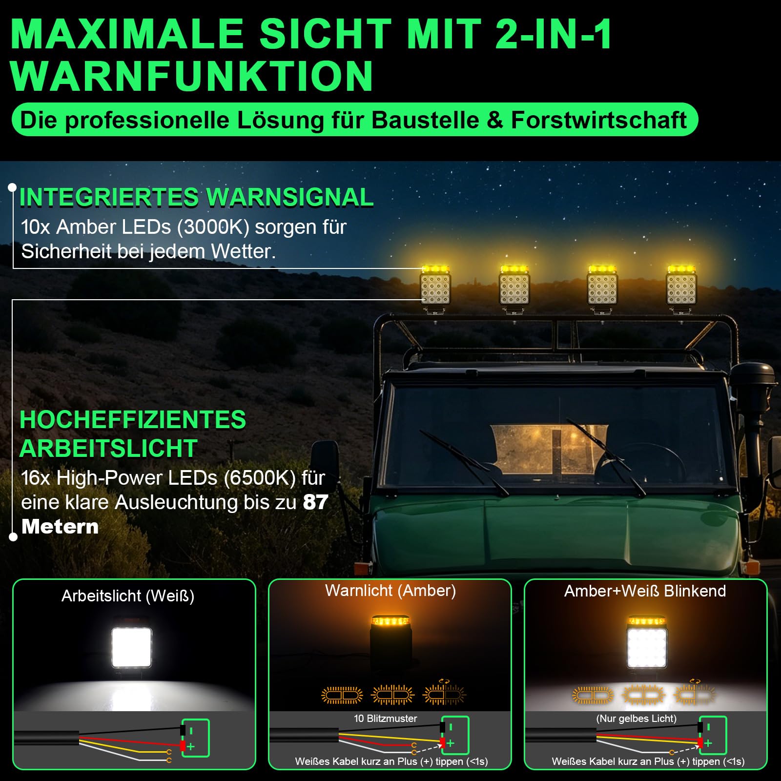 2x LED Arbeitsscheinwerfer mit Warnlicht Gelb (10 Blitzmodi & Memory), 18W 12V 24V Zusatzscheinwerfer Traktor, LKW & Bagger, IP68 Wasserdicht, 2-in-1 Rückfahrscheinwerfer & Blitzleuchte