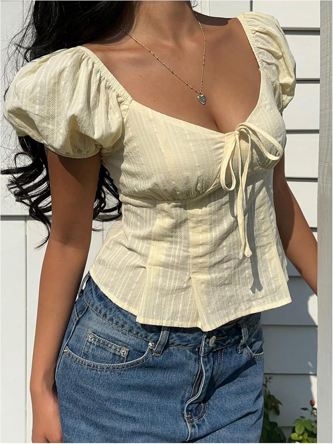 MakeMeChic Women's Textured Puff Sleeve Square Neck Tie Front Shirts Babydoll Blouse Top - Image 3
