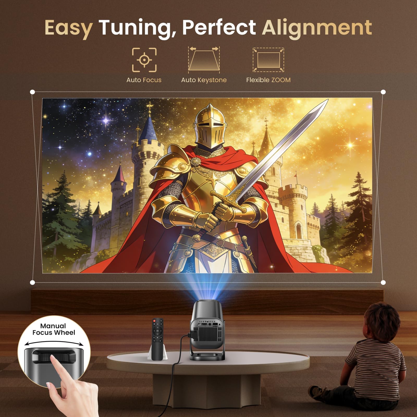 Proyector Portátil 4K Support, Mini Proyector HD 1080p Exterior Cine Jardin | 22.000 Lúmenes 260 ANSI, Android 12.0, WiFi 6 Bluetooth 5.4, Auto Keystone 270°Rotation Zoom Ajustable para Juegos Dormitorio