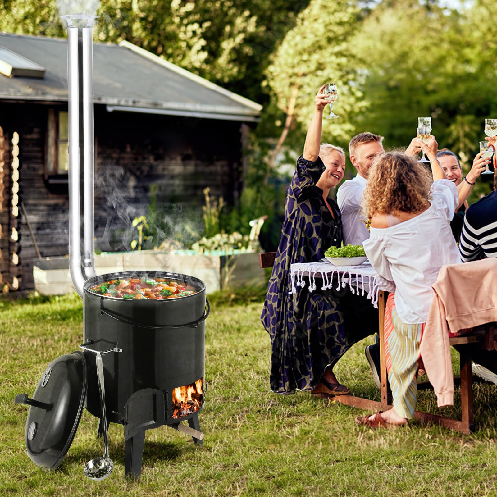 Cañón de Goulash, Hervidor de Goulash de Acero Esmaltado, Olla de Goulash Húngaro con Tapa y Chimenea, Adecuado para Cocinar al Aire Libre Cocina de Campo, 17+8 L