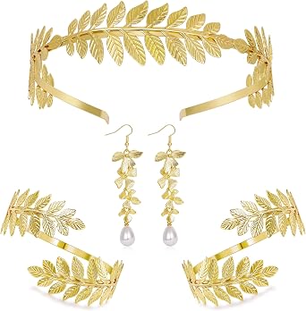 5Pcs Greek Goddess Costume Accessories for Women Golden Laurel Leaf Crown Headband Leaf Pearl Dangle Earring Upper Arm Cuff Wide Wire Bracelet for Halloween Bridal Wedding