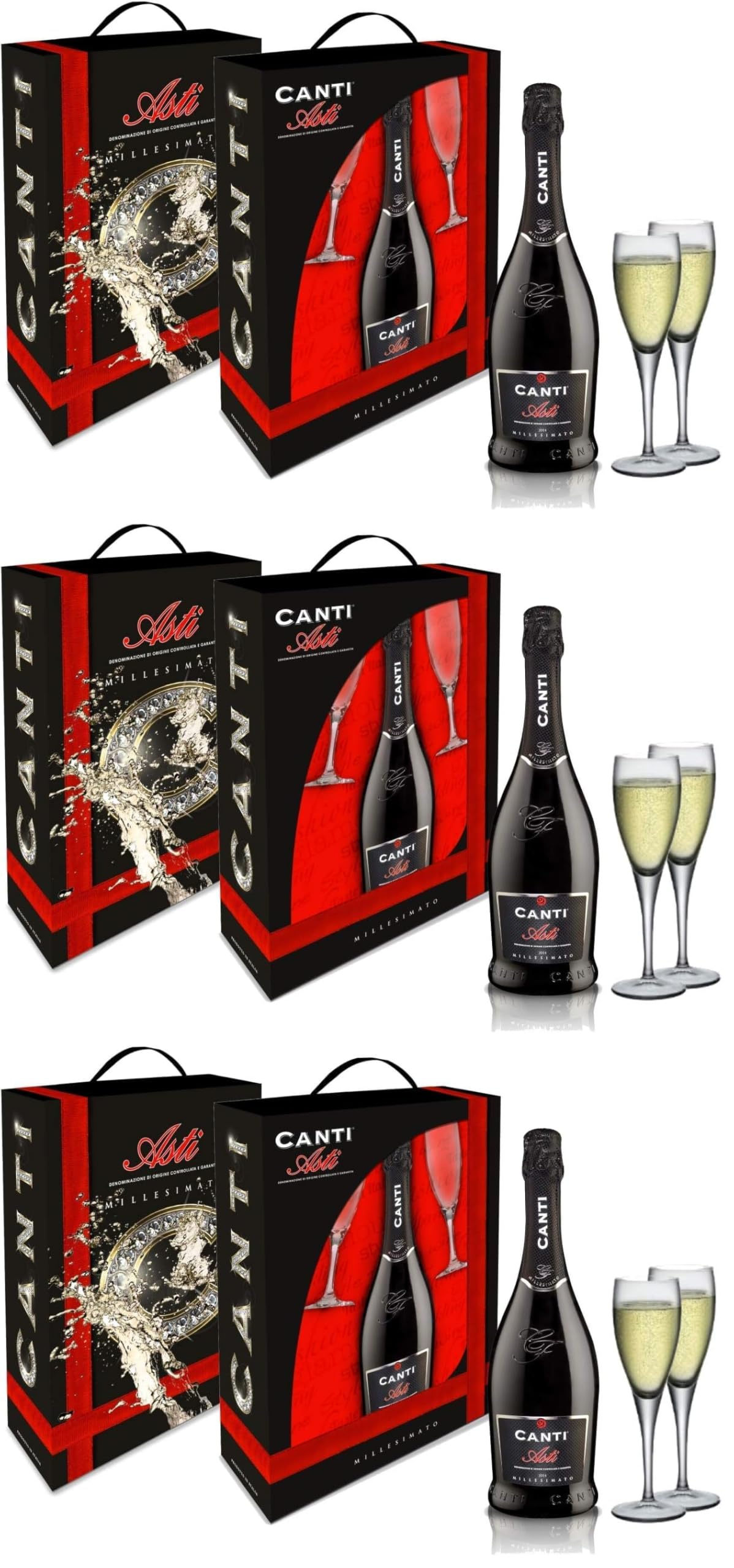 Canti - Asti D.O.C.G. Millesimato, Vin Petillant Spumante, Moscato d'Asti, Coffret Cadeau avec Deux Verres, Élaboré à Partir du Cépage du Piémont, Goût Fruité et Aromatique, 1x750 ml (Lot de 3)