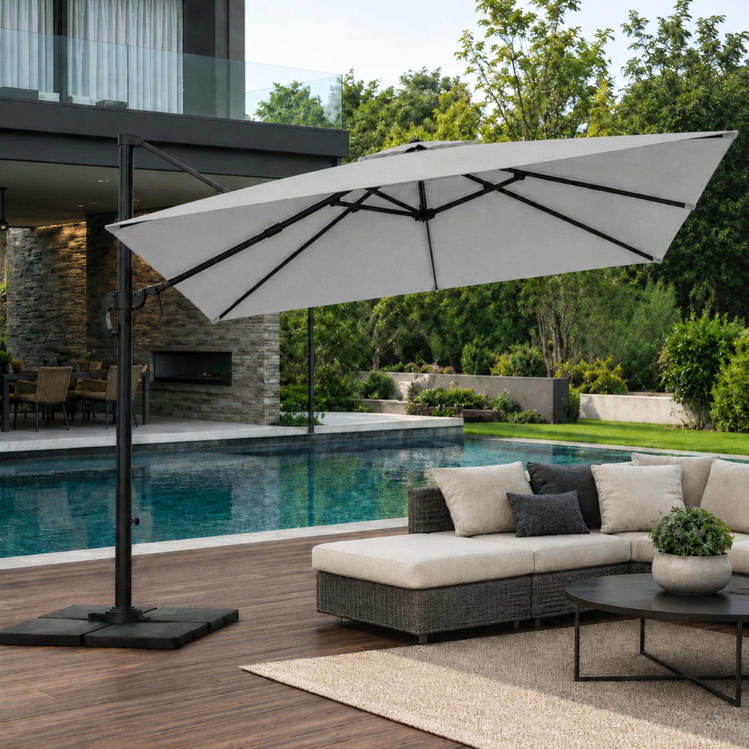 Ombrellone 3x3 M Giardino Braccio Retrattile Per Piscina Terrazze Bar Hotel In Acciaio Inossidabile Braccio Rotabile 360° Impermeabile Resistente Ai Raggi UV Grigio Chiaro