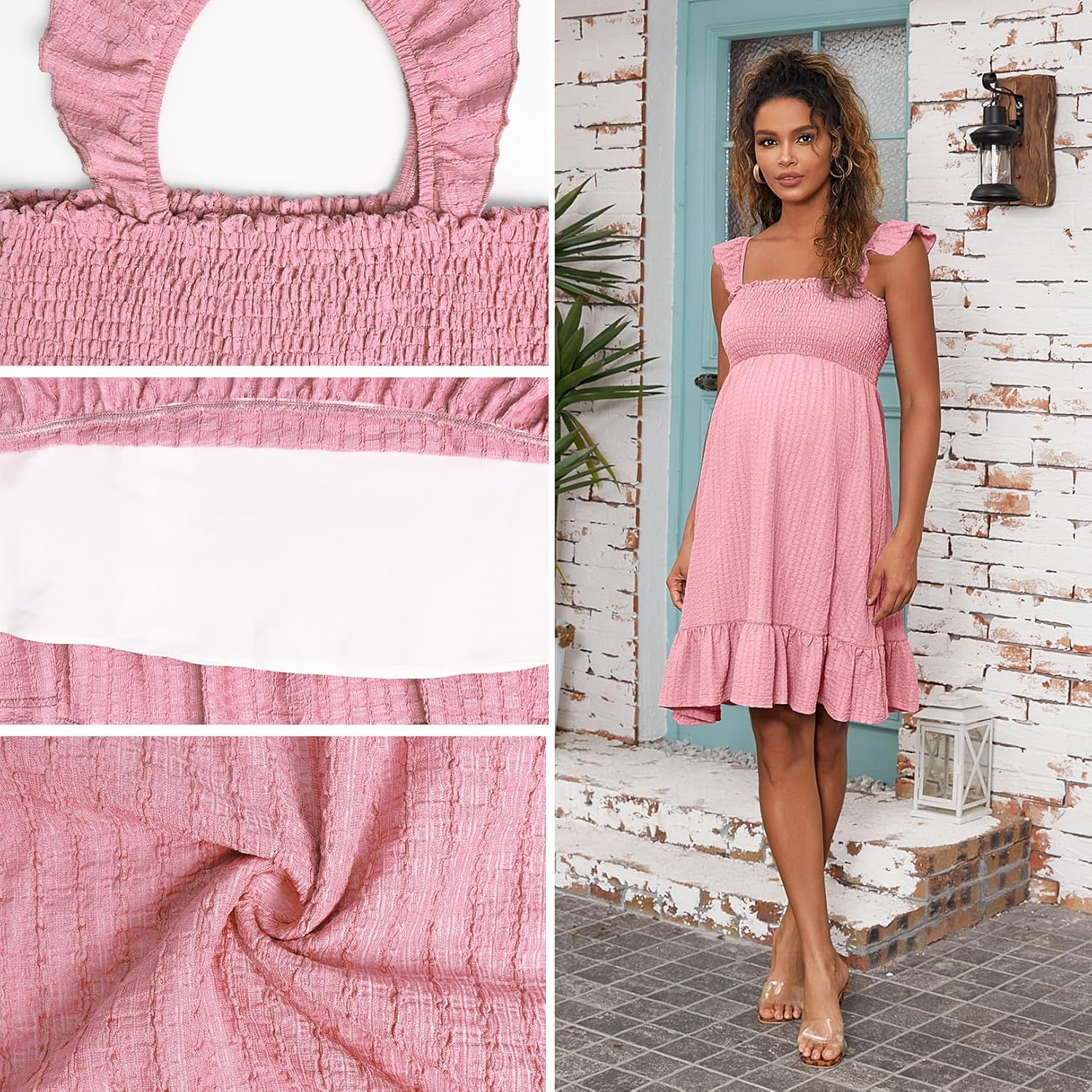 Sleeveless Maternity Dress Ruffled Shoulder Strappy Loose Smocked Pregnant Dress Summer
