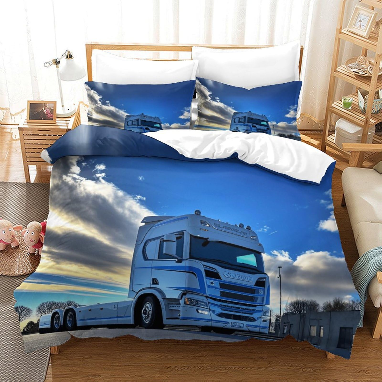 XiaopangXY Lorry Colorful Quilt Cover Set Hidden Zipper Truck Duvet Cover Set with Pillowcases Bedding Set Soft Microfiber Comforter Cover for Kids Adults Double（200x200cm）