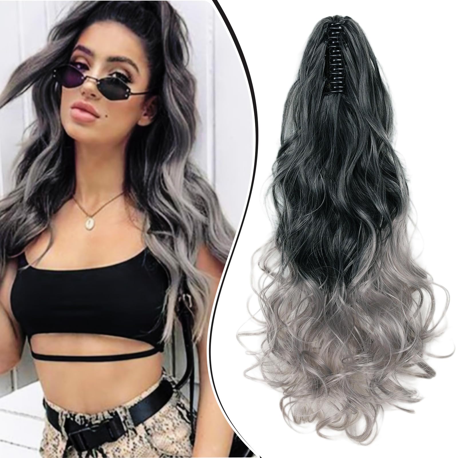 Dcbaboo Ponytail Extension Curly 18inch Claw Clip in Ponytail Hair Extensions Long Wavy Synthetic Pony tails Natural Wave One Piece Hairpiece Fake Ponytail for Women Black Ombre Grey