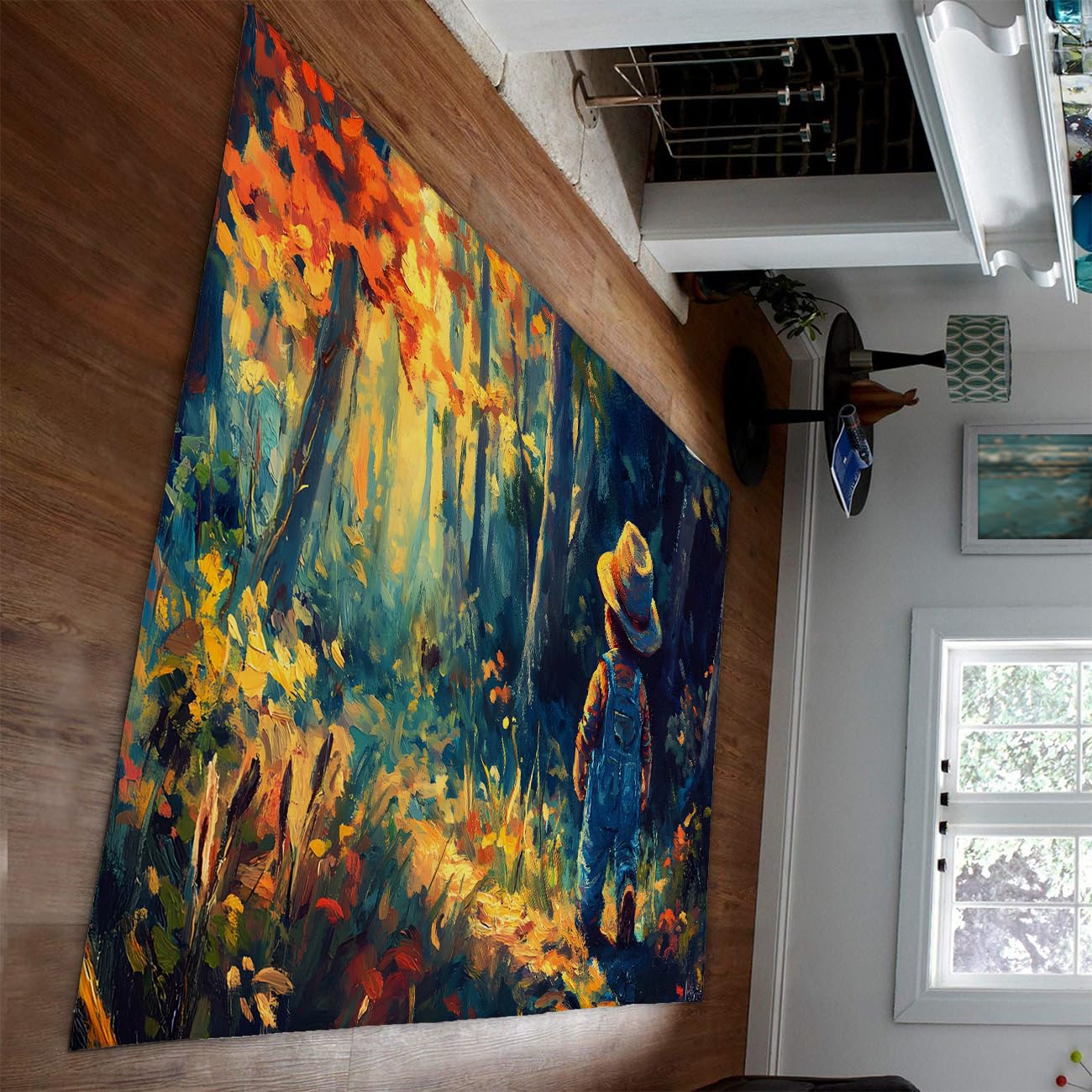 Dywaniki do obszaru jesiennego lasu 100 x 200 cm - Chłopiec z kapeluszem na szlaku krajobraz cienki dywan do pokoju dziecięcego pokój zabaw w stylu impresjonistycznym