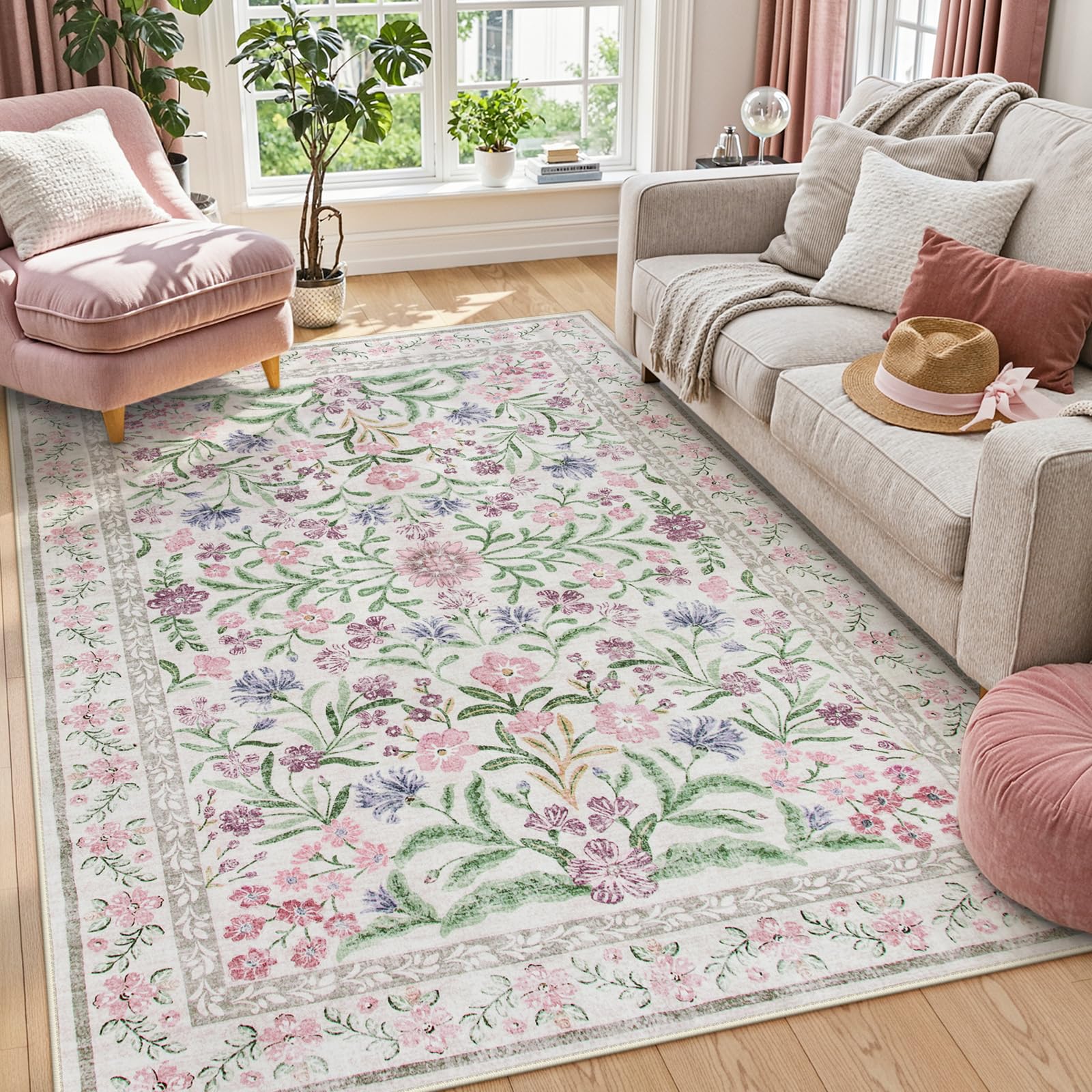 Lahome Boho Purple Floral 5x7 Area Rugs, Washable Rugs for Bedroom Nursery Decor, Soft Non-Slip Lavender Carpet for Kids Room Girls Playroom Living