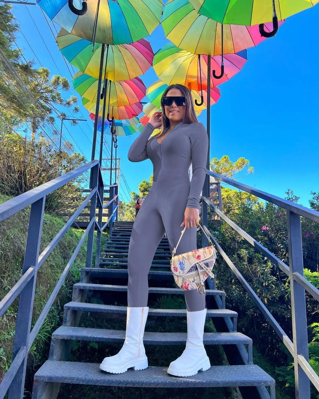 Mrskoala Women Long Sleeve Bodycon Jumpsuit One Piece Zip Up Romper - Image 3